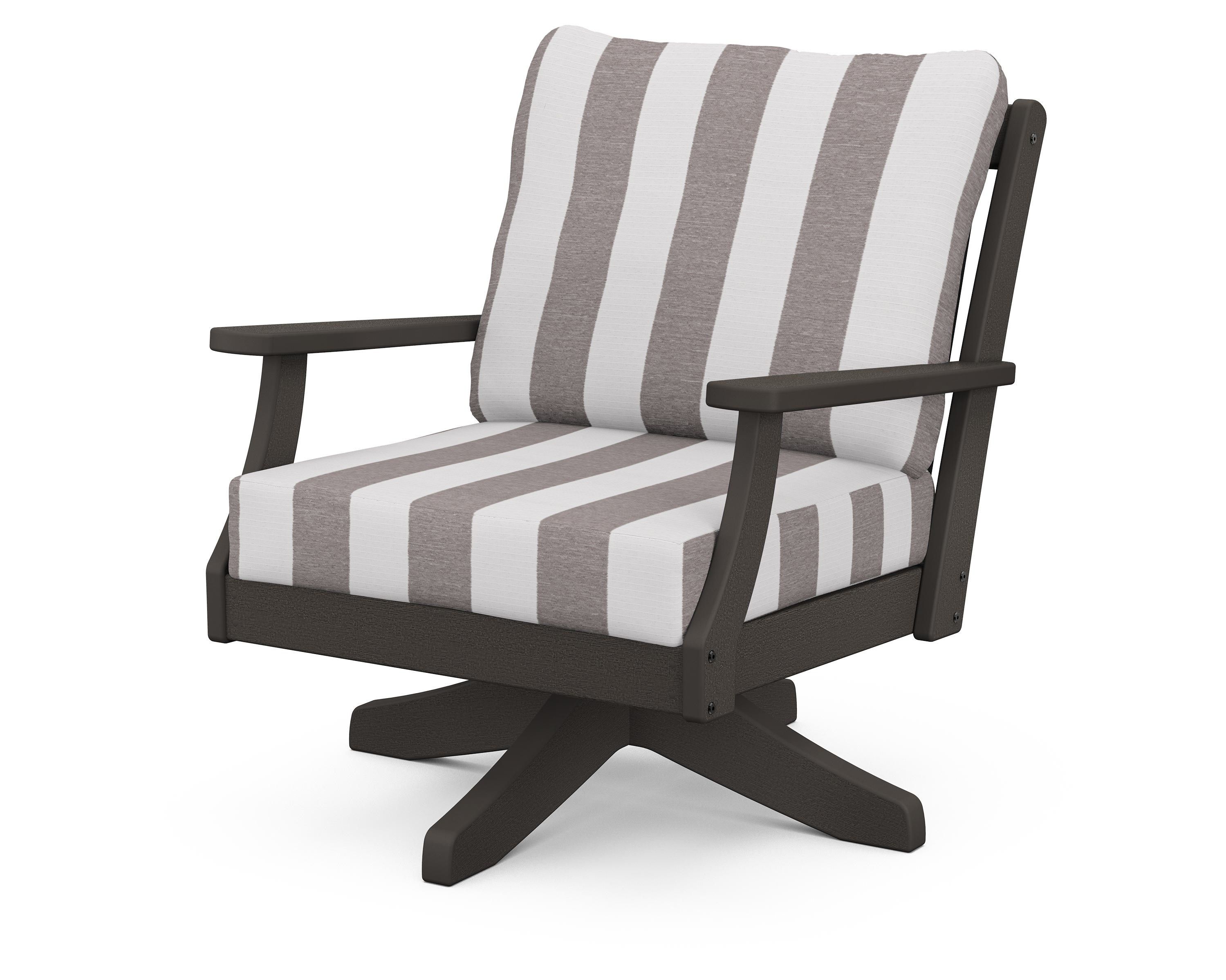 POLYWOOD® Braxton Deep Seating Swivel Chair in Vintage Coffee / Cabana Stripe Grey Mist