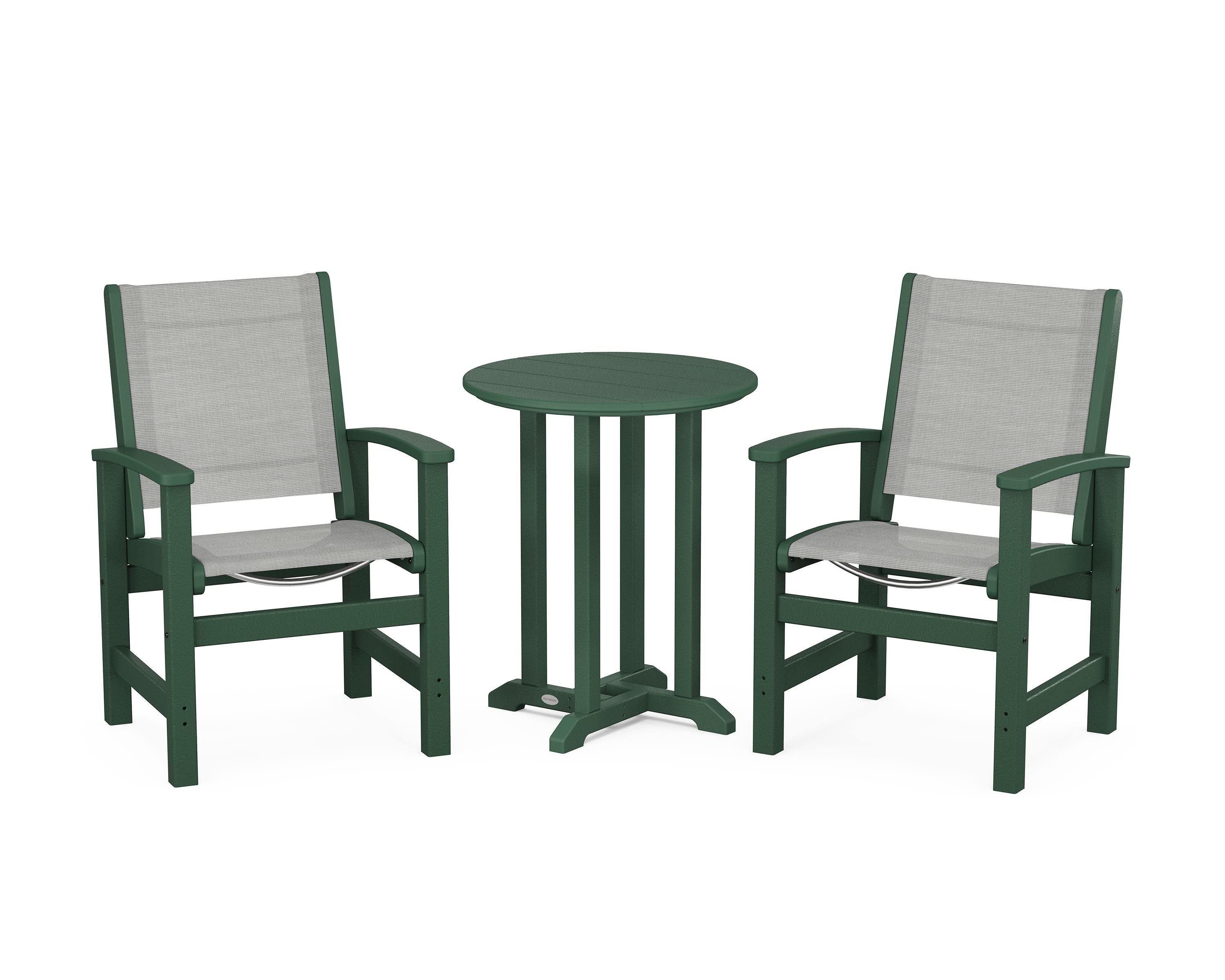 POLYWOOD® Coastal 3-Piece Round Bistro Dining Set in Green / Metallic Sling