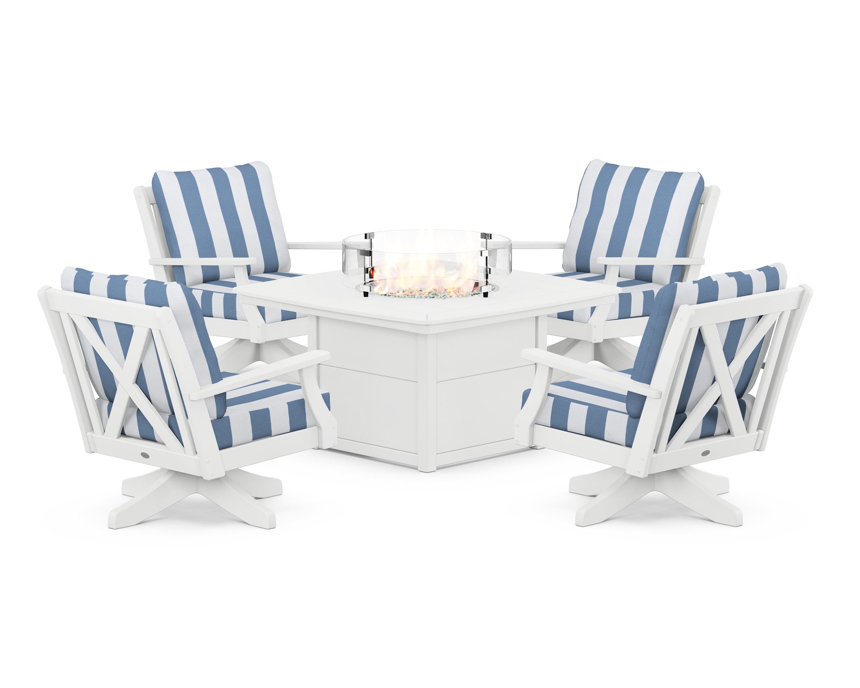POLYWOOD® Braxton 5-Piece Deep Seating Swivel Conversation Set with Fire Pit Table in White / Cabana Stripe Sky Blue