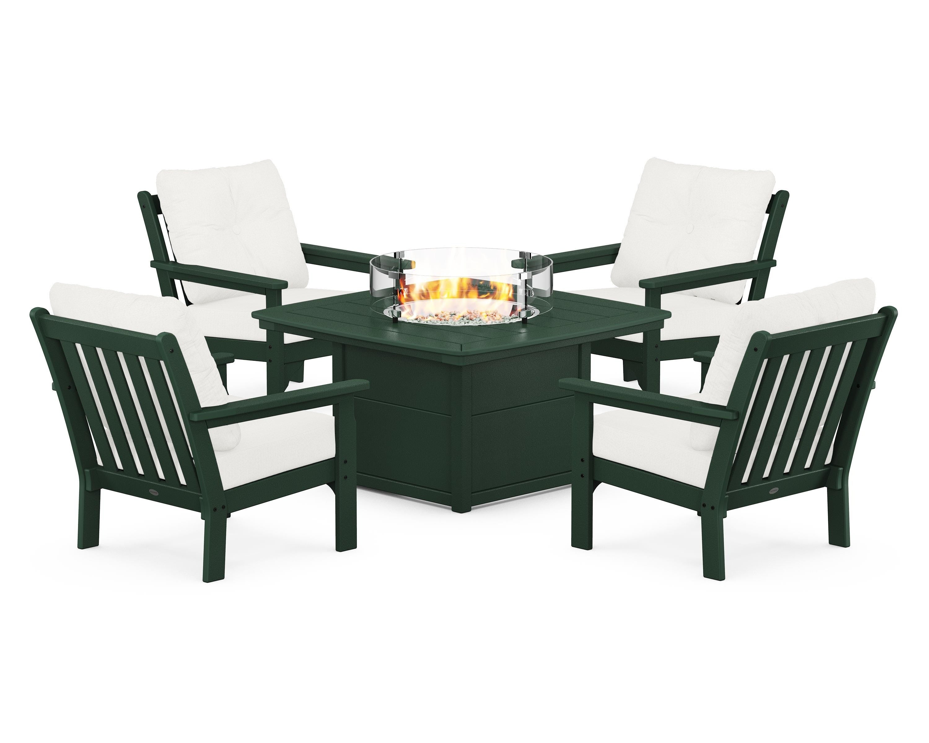 POLYWOOD® Vineyard 5-Piece Conversation Set with Fire Pit Table in Green / Natural Linen