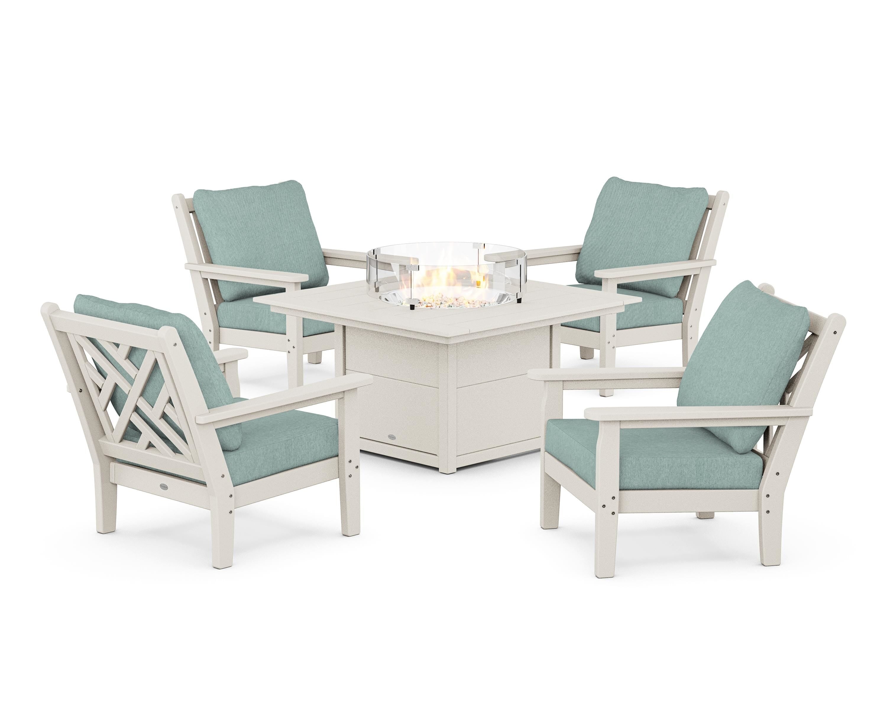 POLYWOOD® Chippendale 5-Piece Deep Seating Set with Fire Pit Table in Sand / Glacier Spa