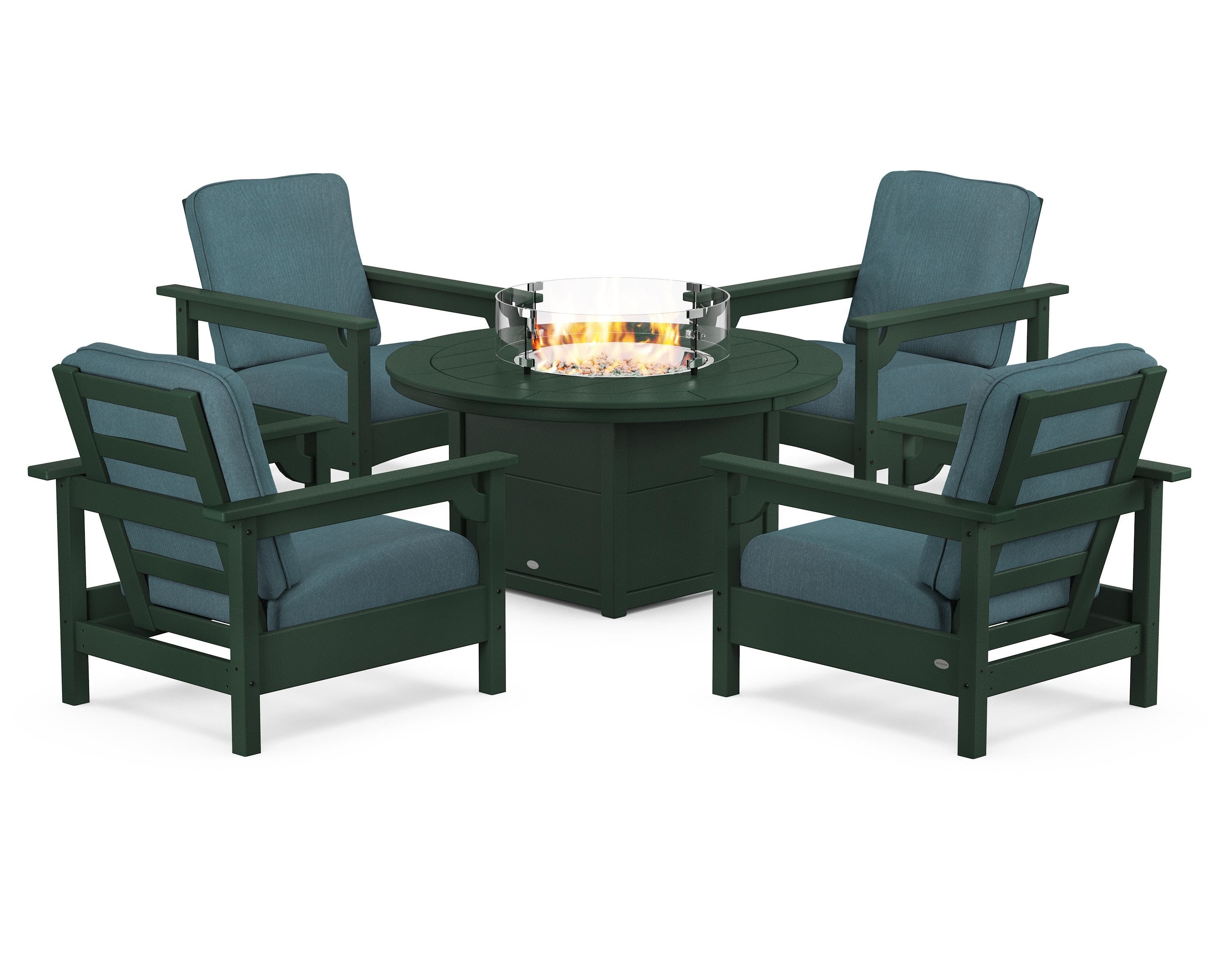 POLYWOOD® Club 5-Piece Conversation Set with Fire Pit Table in Green / Ocean Teal