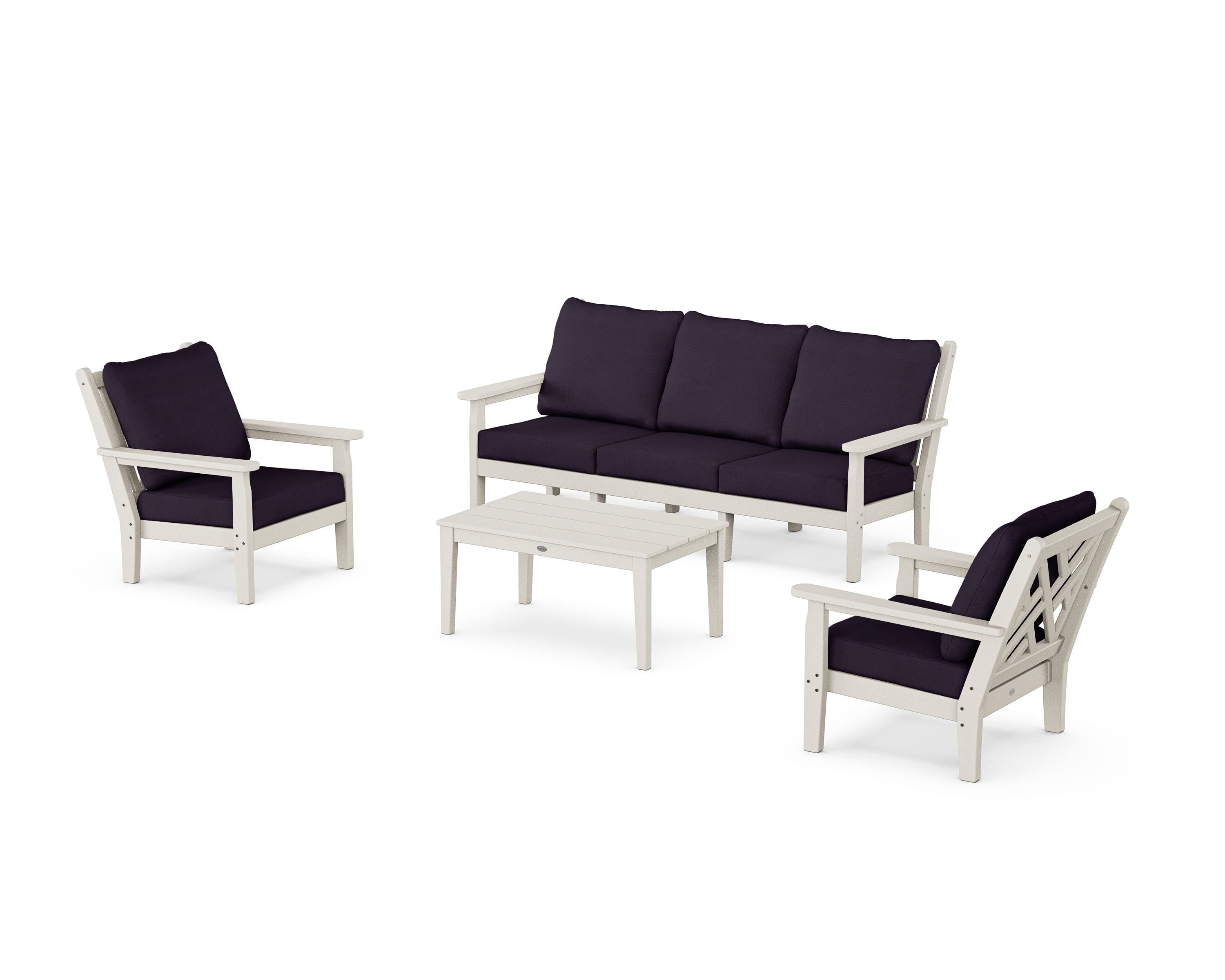 POLYWOOD® Chippendale 4-Piece Deep Seating Set with Sofa in Sand / Navy Linen