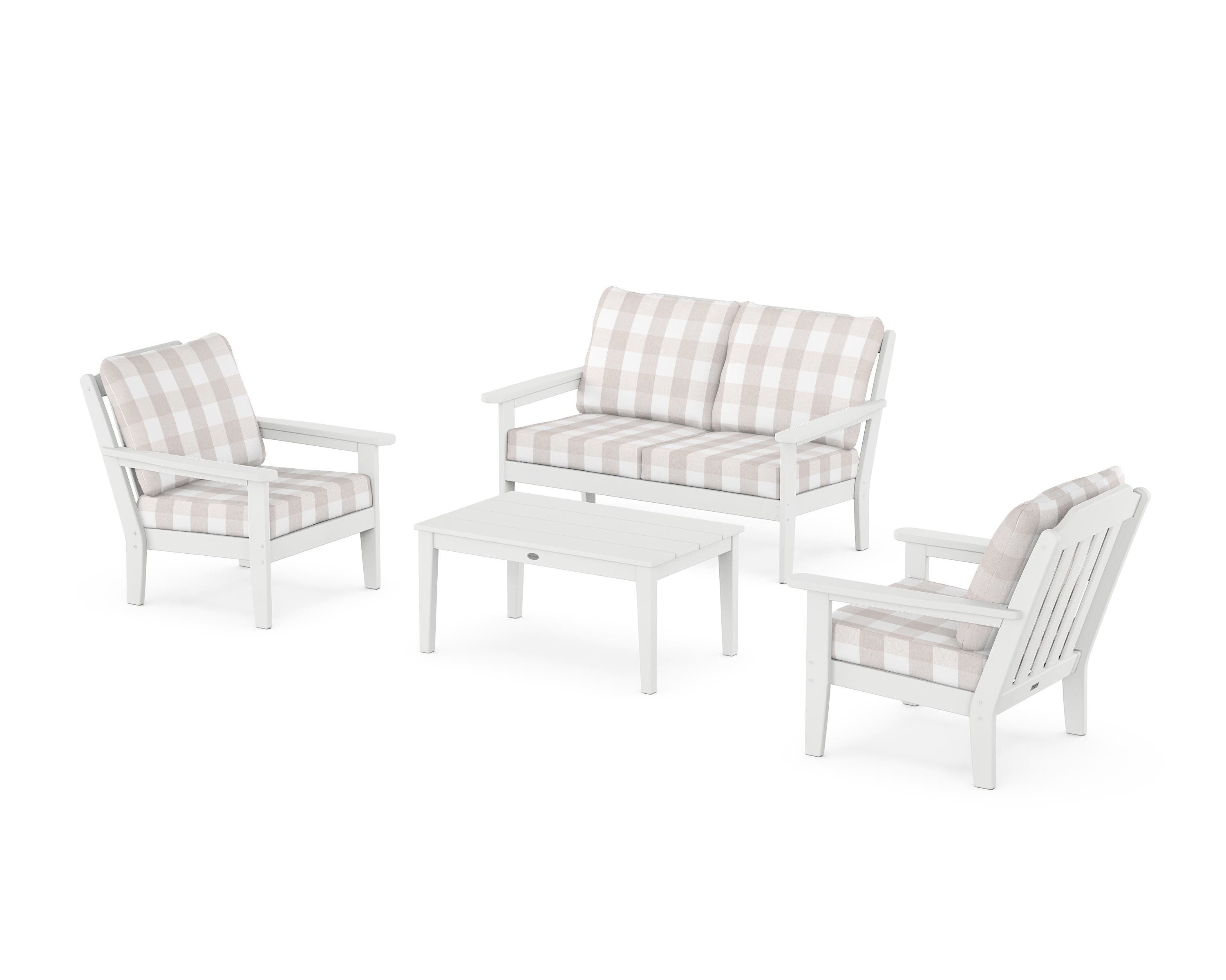 Country Living Cottage 4-Piece Deep Seating Set with Loveseat in White / Buffalo Plaid Dune Burlap