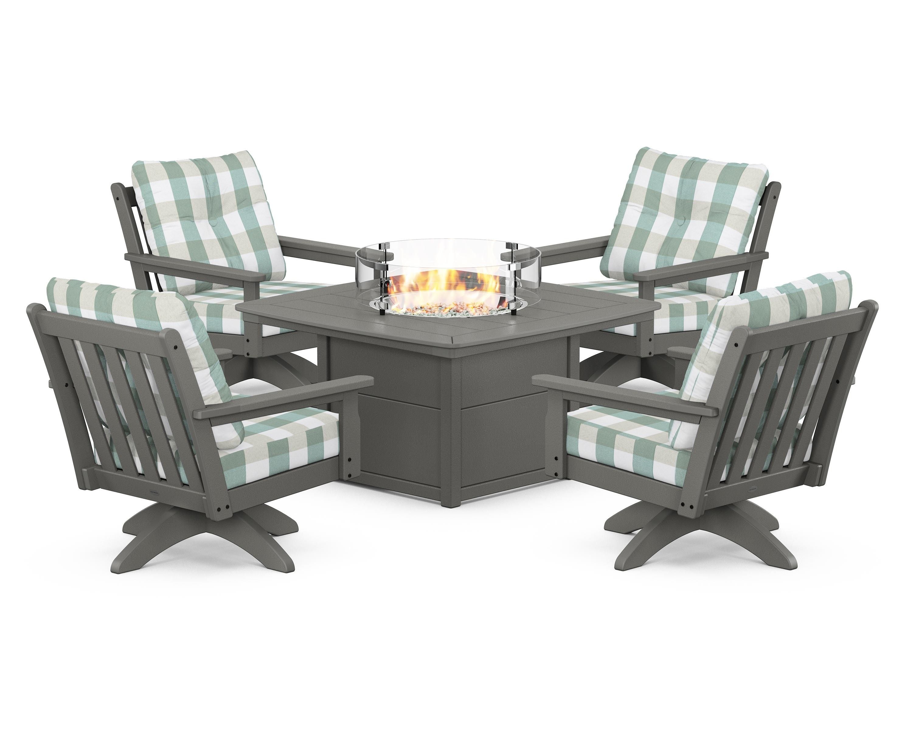 POLYWOOD® Vineyard 5-Piece Deep Seating Swivel Conversation Set with Fire Pit Table in Slate Grey / Buffalo Plaid Glacier Spa