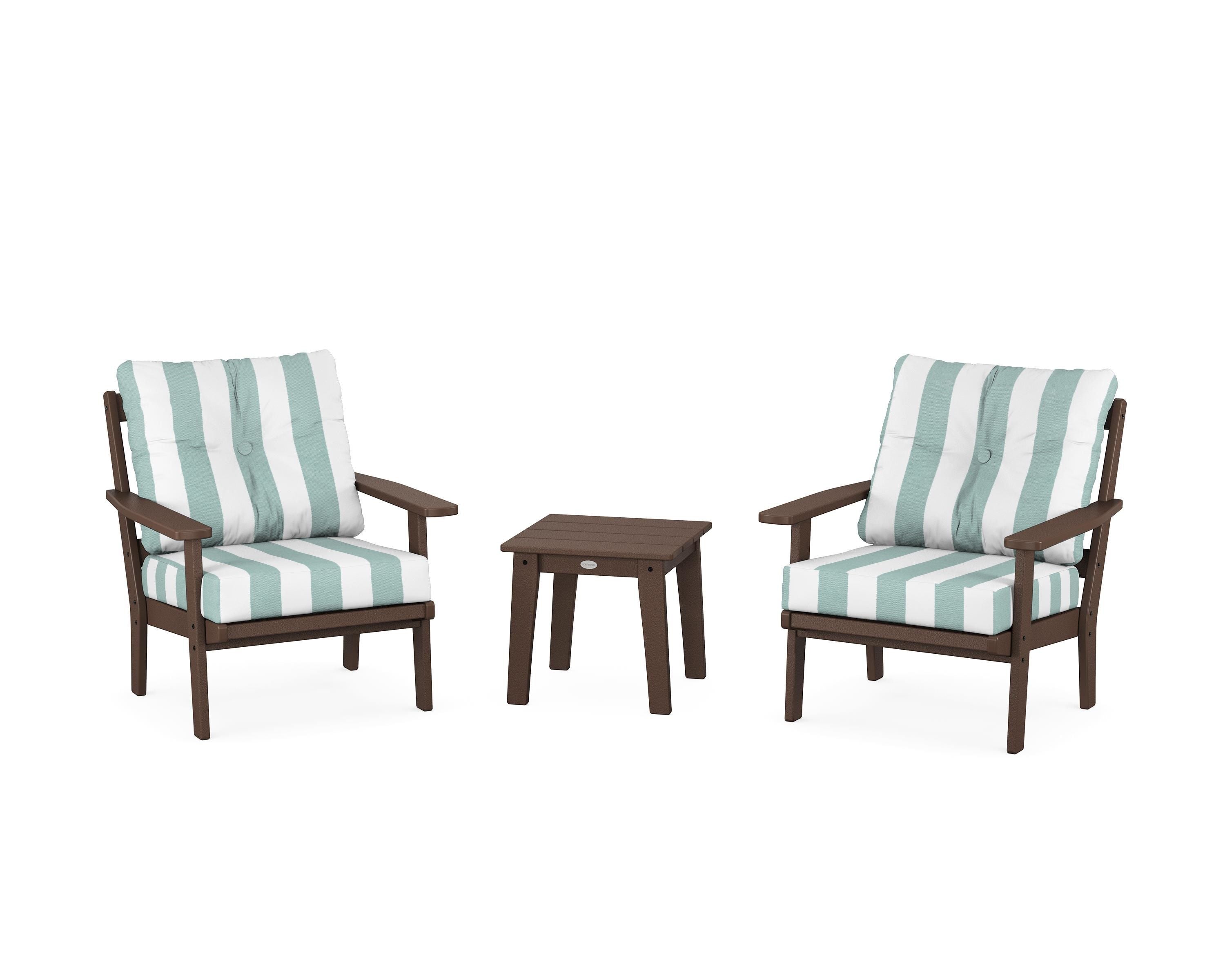 POLYWOOD® Prairie 3-Piece Deep Seating Set in Mahogany / Cabana Stripe Glacier Spa
