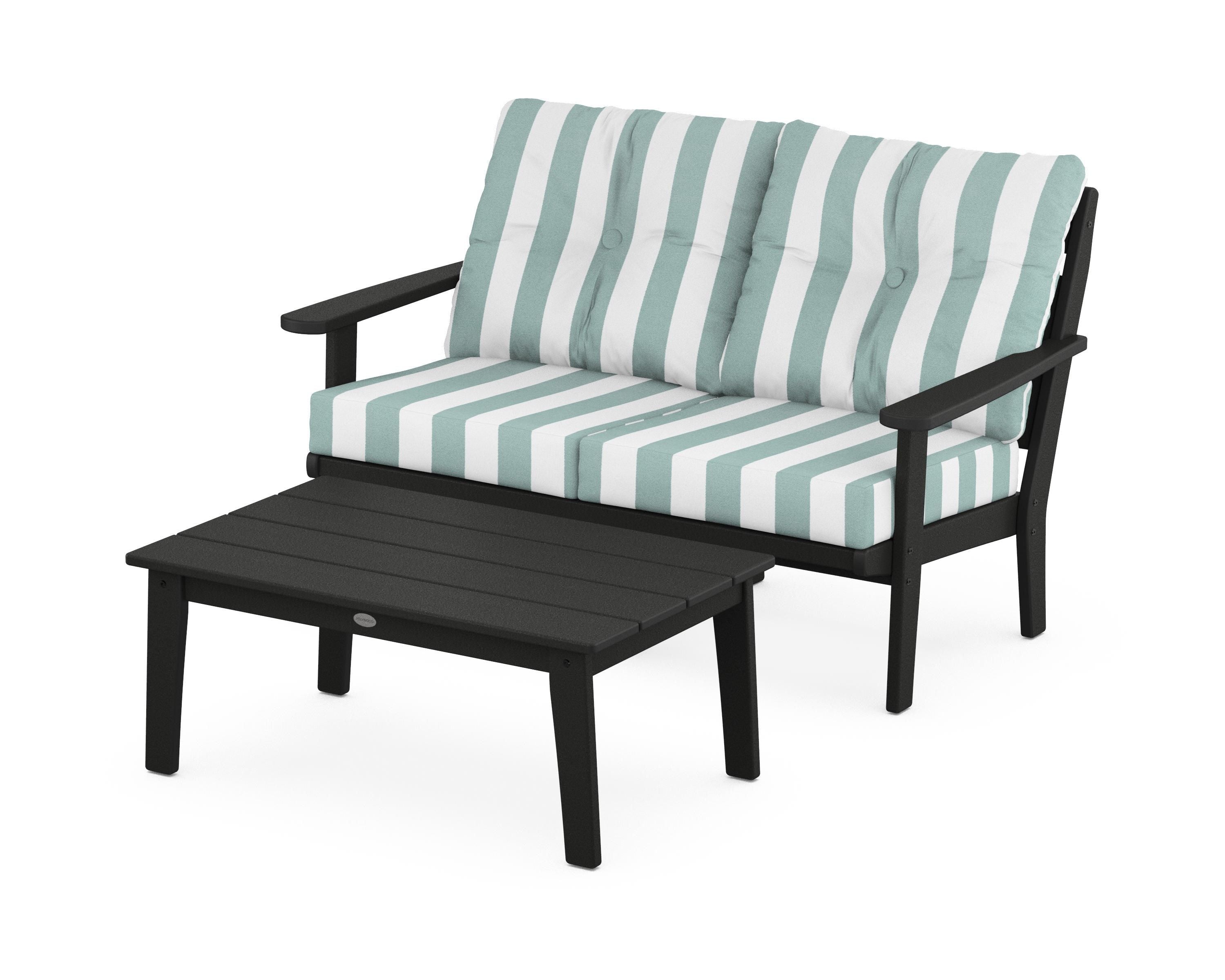 POLYWOOD® Lakeside 2-Piece Lounge Loveseat Set in Black / Cabana Stripe Glacier Spa