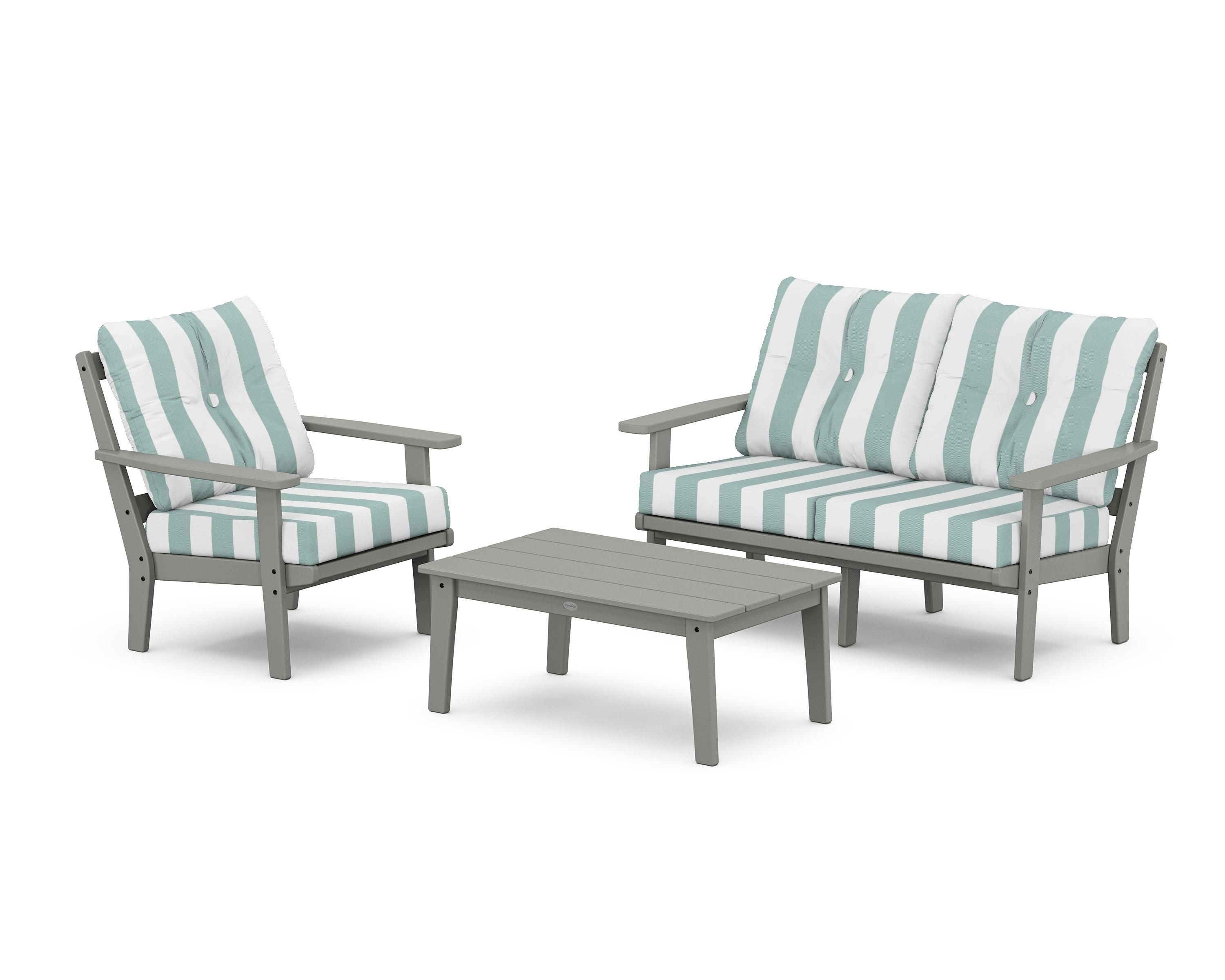 POLYWOOD® Oxford 3-Piece Deep Seating Set with Loveseat in Slate Grey / Cabana Stripe Glacier Spa
