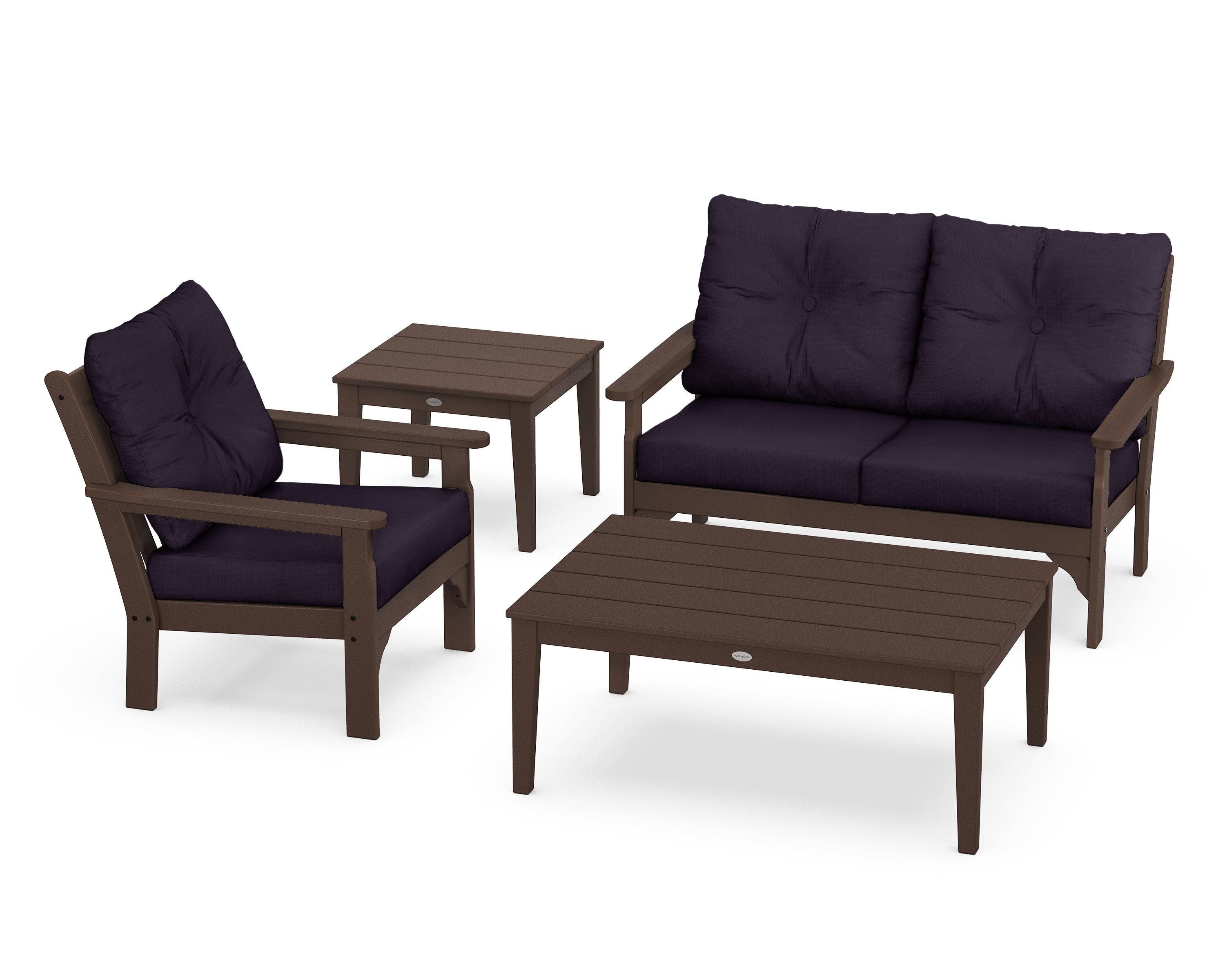 POLYWOOD® Vineyard 4-Piece Deep Seating Set in Mahogany / Navy Linen