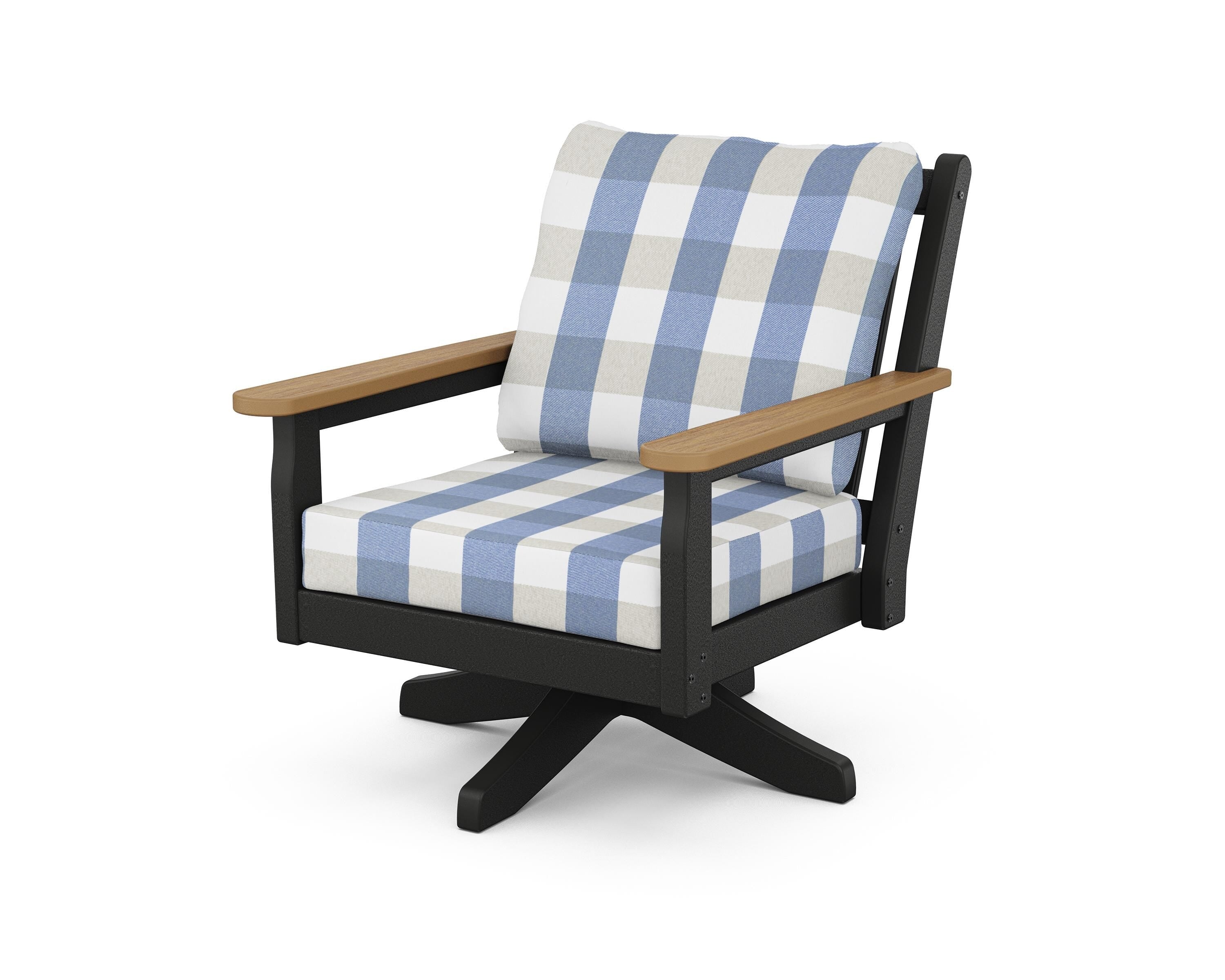 POLYWOOD® Chippendale Deep Seating Swivel Chair in Black / Natural / Buffalo Plaid Sky Blue