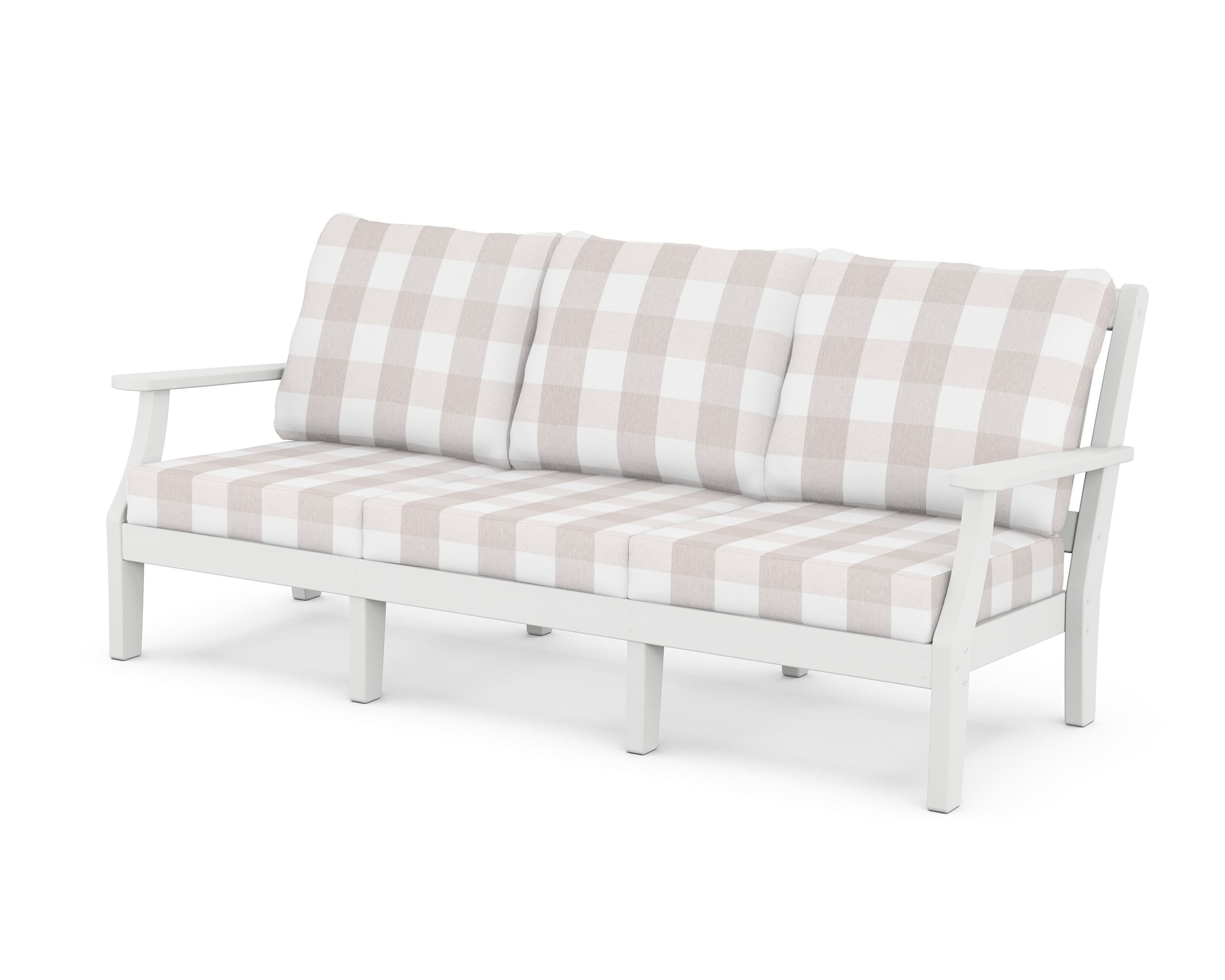 Martha Stewart by POLYWOOD® Chinoiserie Deep Seating Sofa in White / Buffalo Plaid Dune Burlap