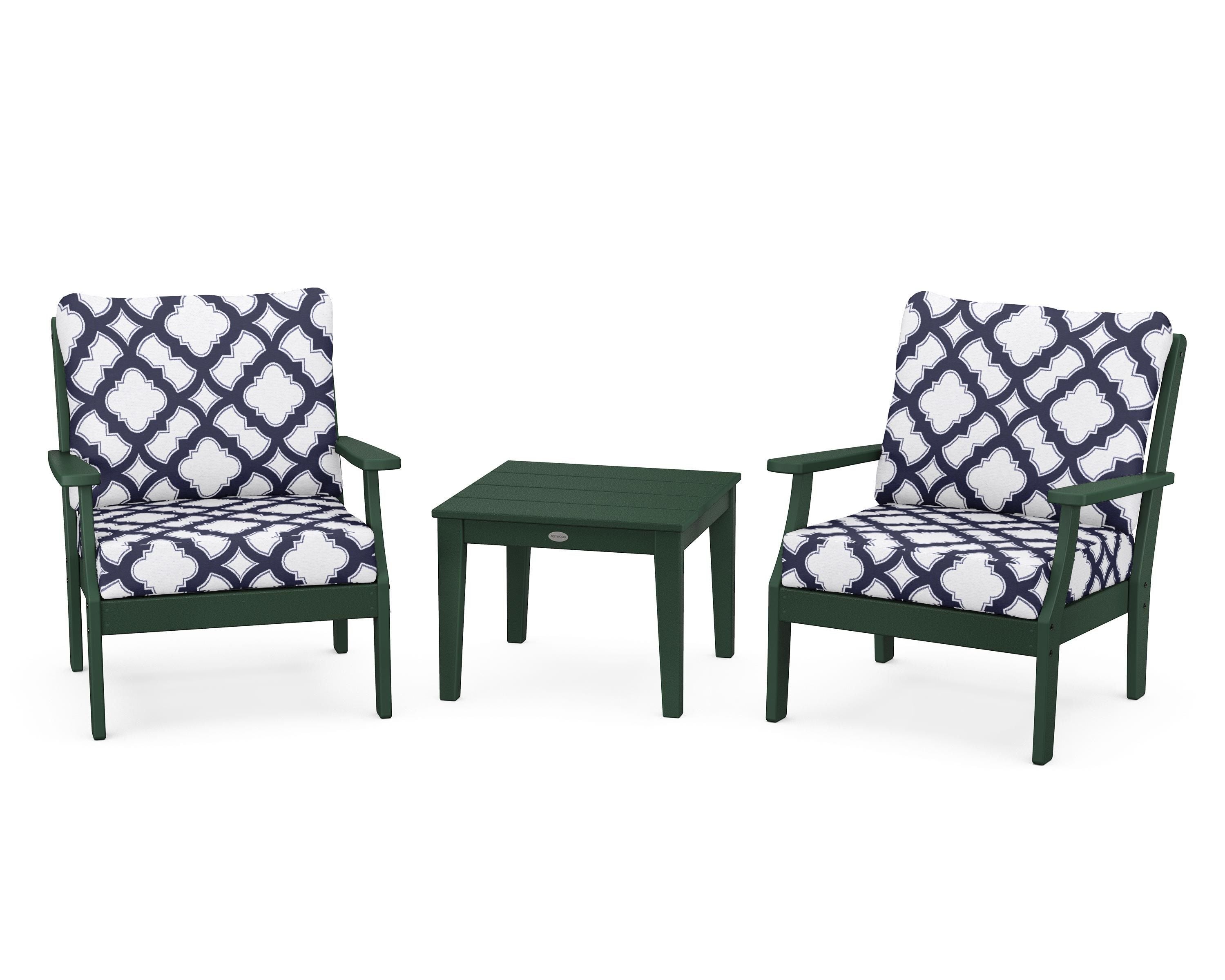 POLYWOOD® Braxton 3-Piece Deep Seating Set in Green / Trellis Navy