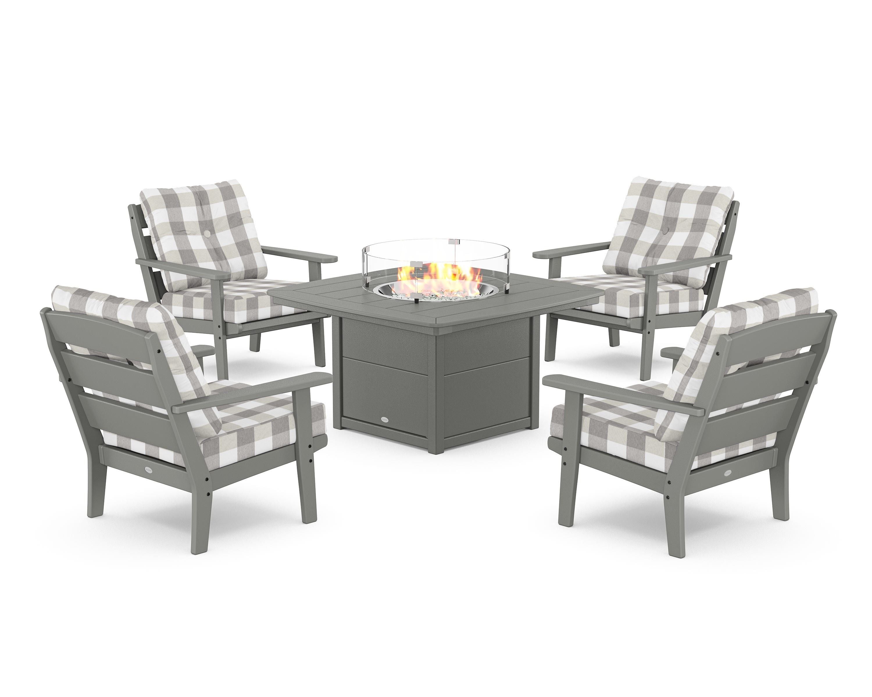 POLYWOOD® Lakeside 5-Piece Deep Seating Set with Nautical Fire Pit Table in Slate Grey / Buffalo Plaid Grey Mist