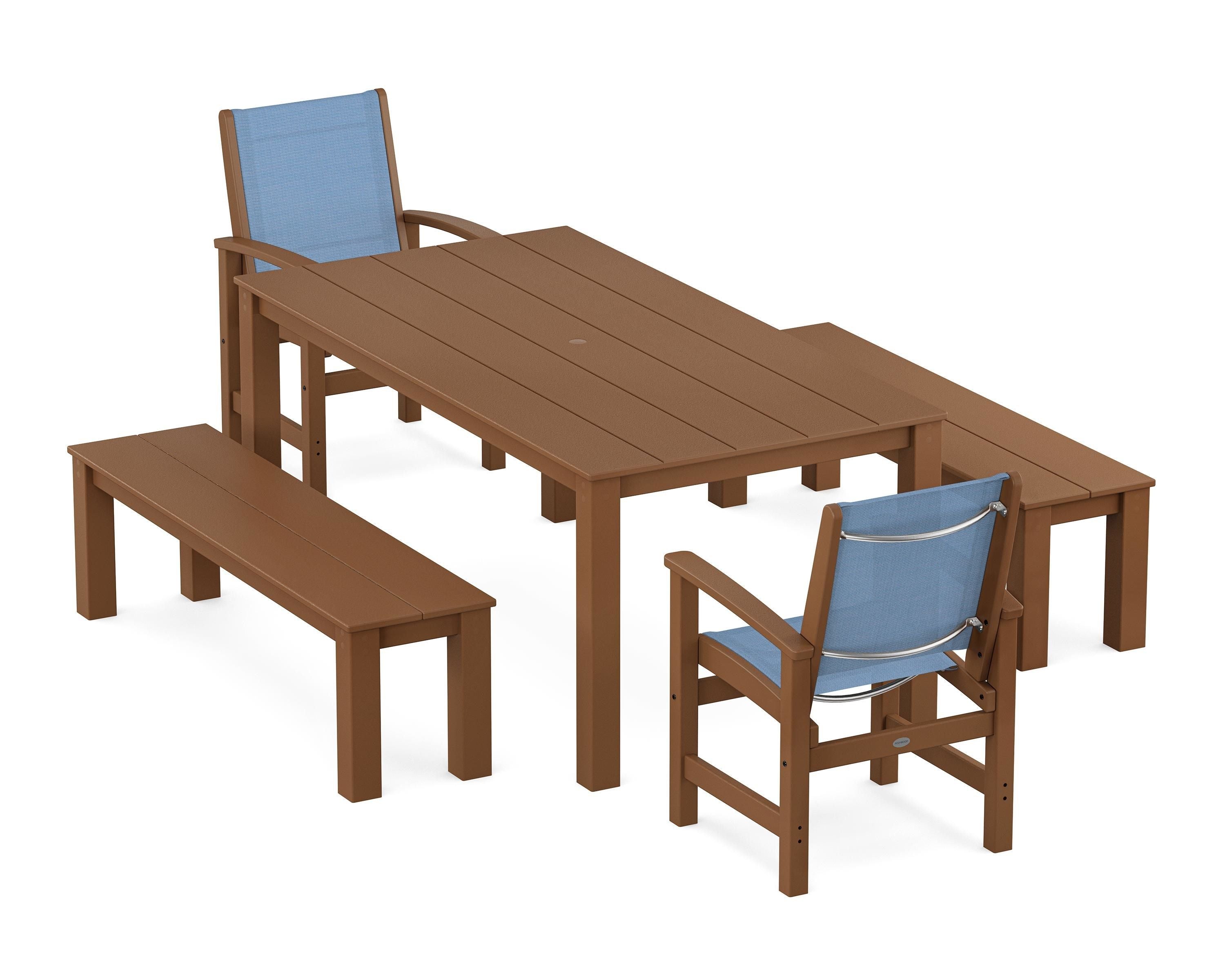 POLYWOOD® Coastal 5-Piece Parsons Dining Set with Benches in Teak / Poolside Sling