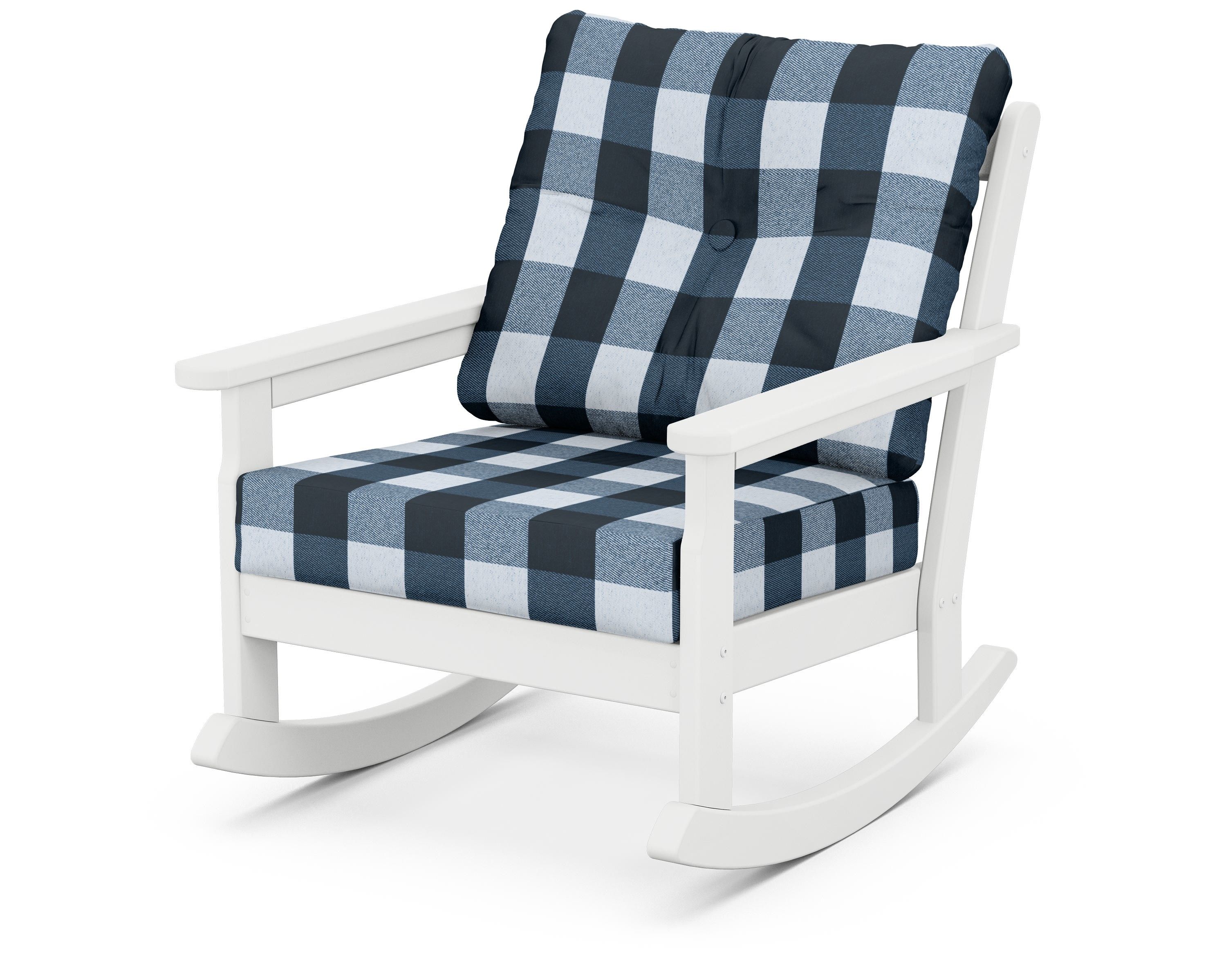 POLYWOOD® Vineyard Deep Seating Rocking Chair in White / Buffalo Plaid Marine Indigo