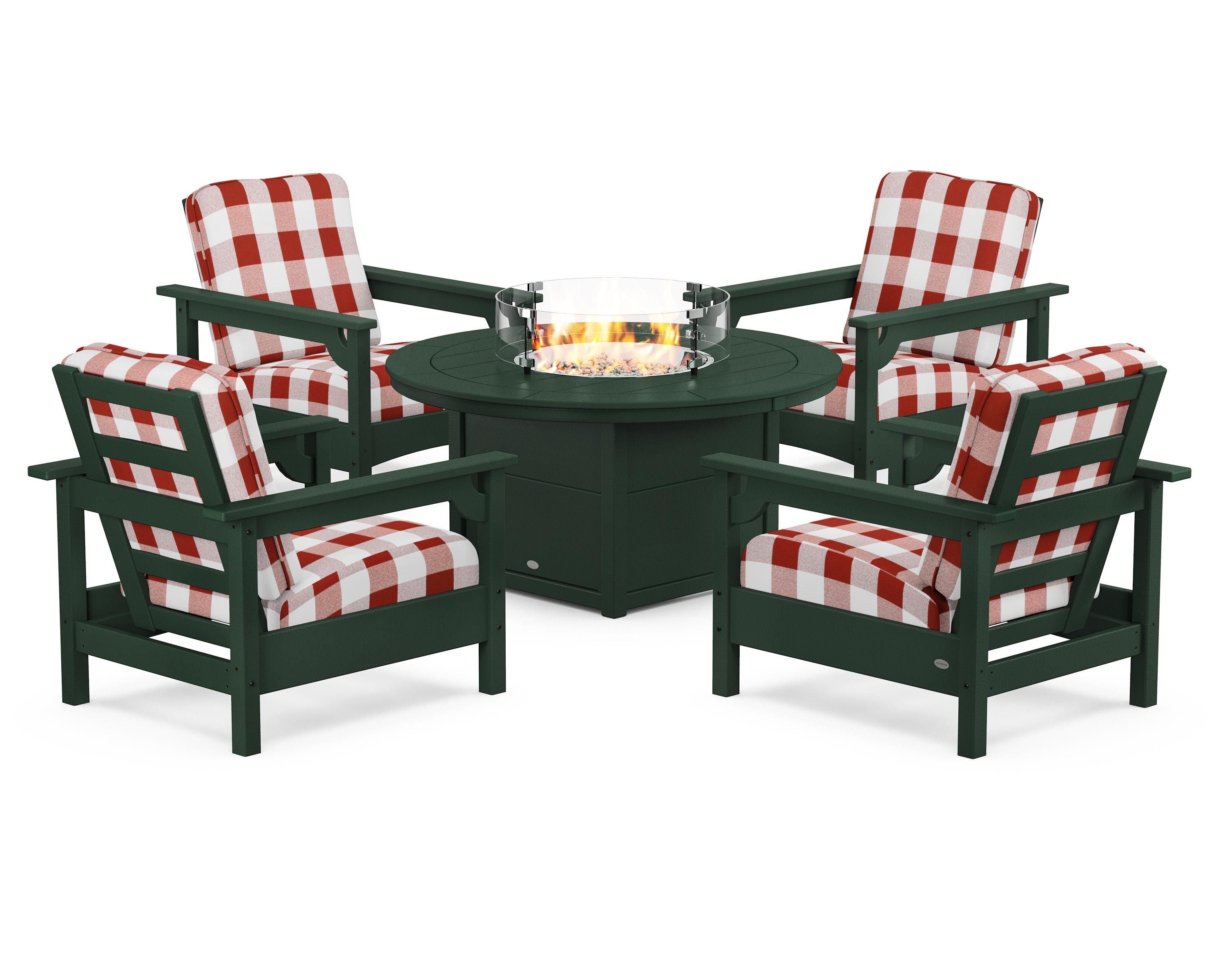 POLYWOOD® Club 5-Piece Conversation Set with Fire Pit Table in Green / Buffalo Plaid Crimson