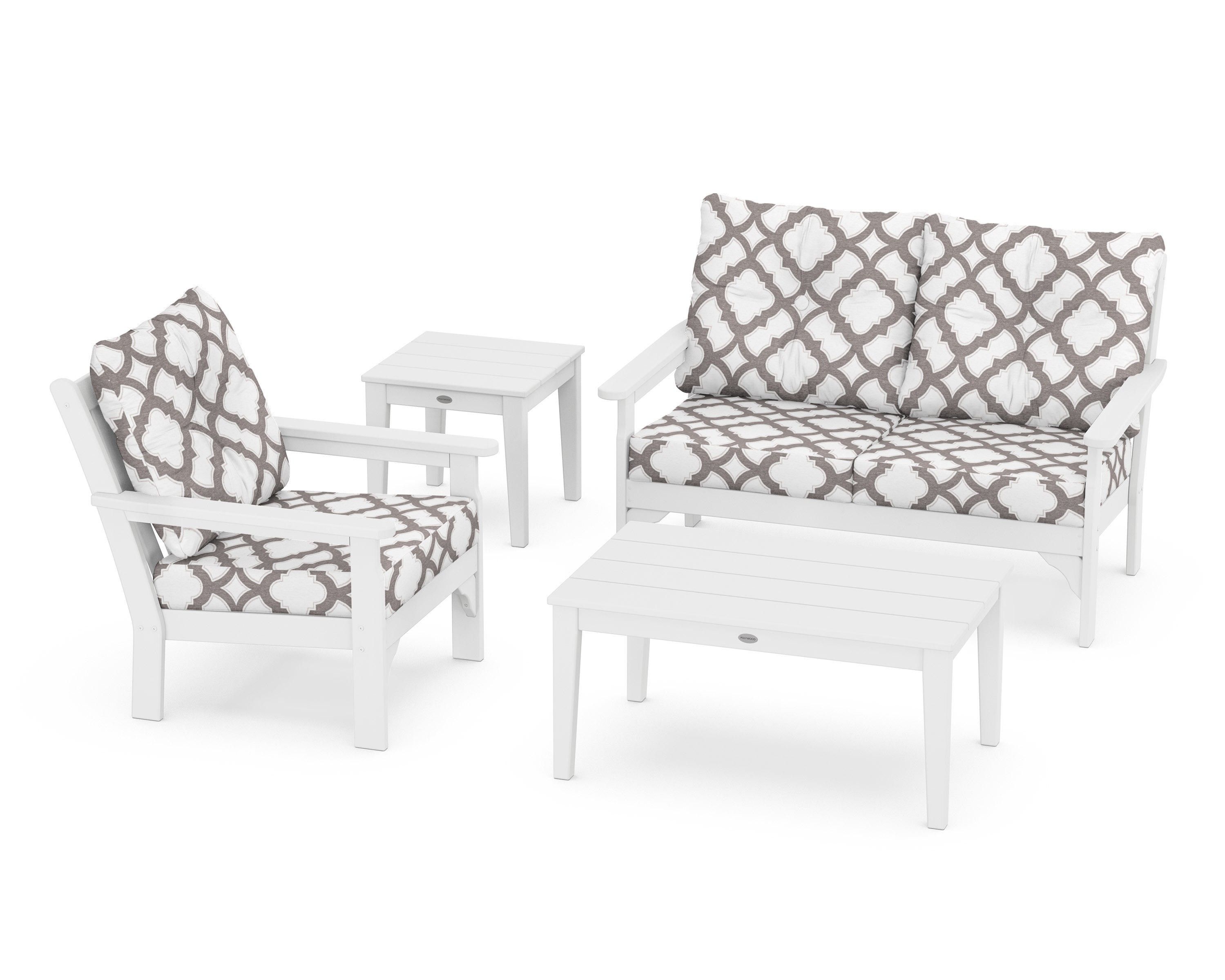 POLYWOOD® Vineyard 4-Piece Deep Seating Set in White / Trellis Grey Mist
