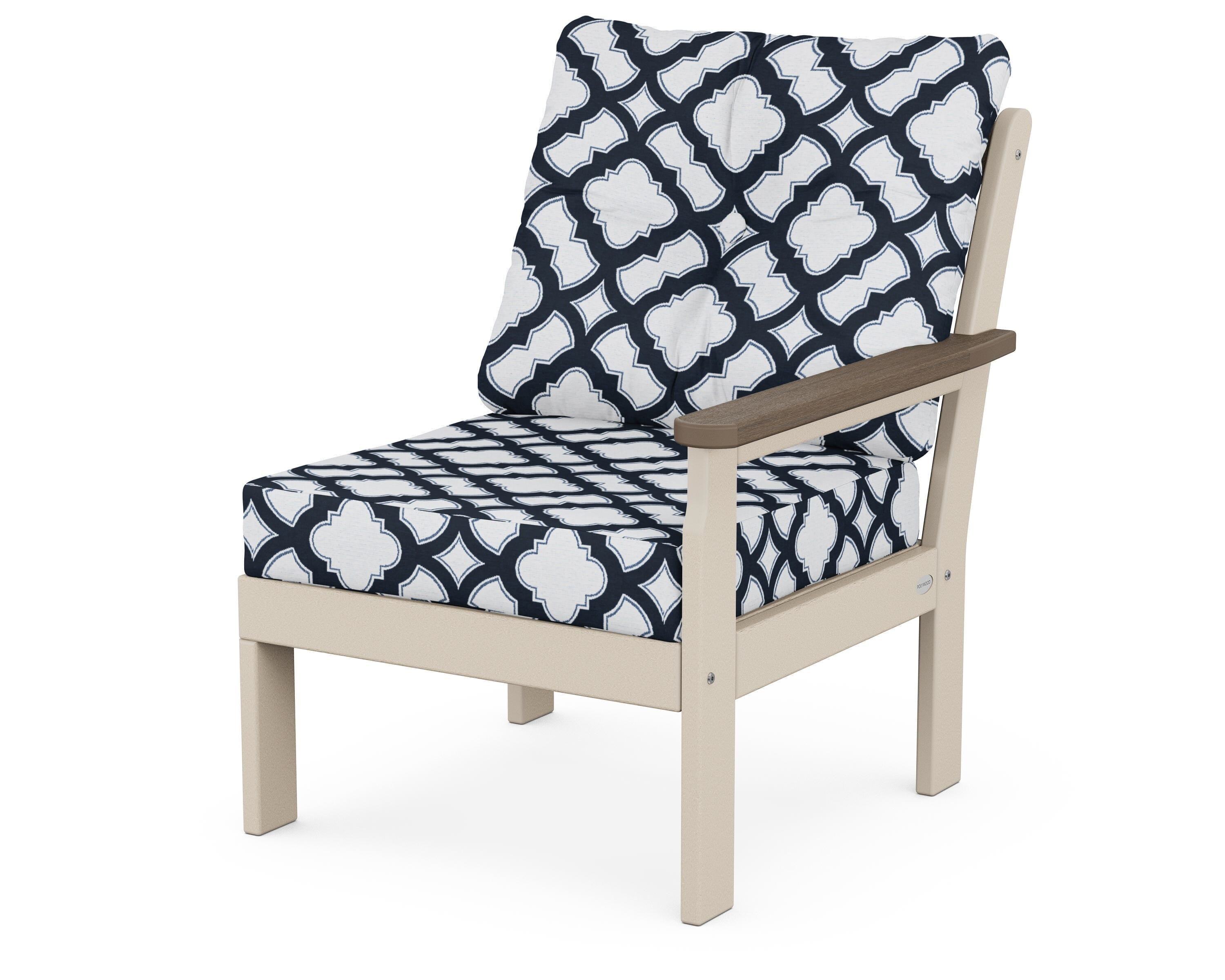 POLYWOOD® Vineyard Modular Right Arm Chair in Sand / Kona / Trellis Marine Indigo