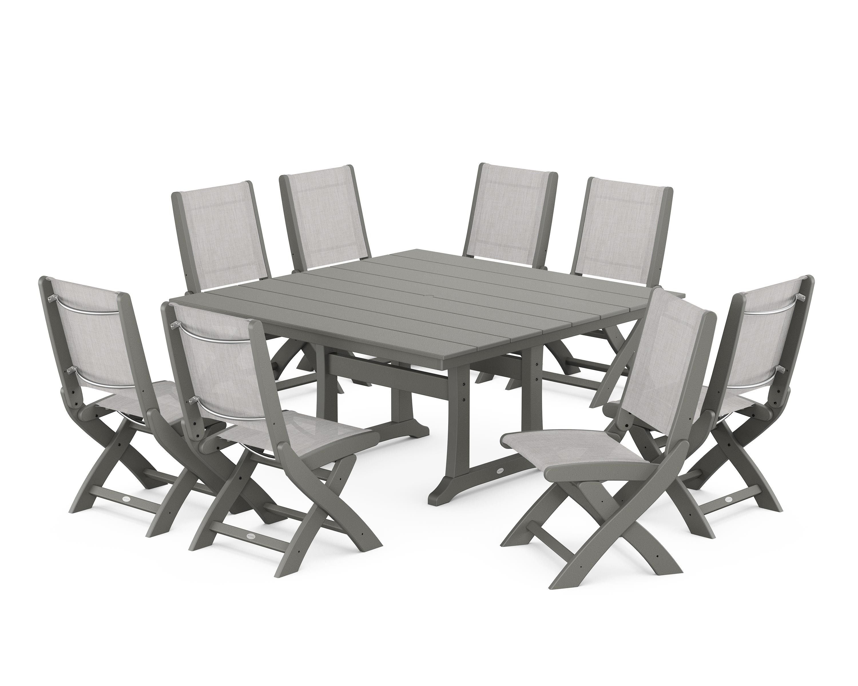 POLYWOOD® Coastal Folding Side Chair 9-Piece Farmhouse Dining Set in Slate Grey / Parchment Sling
