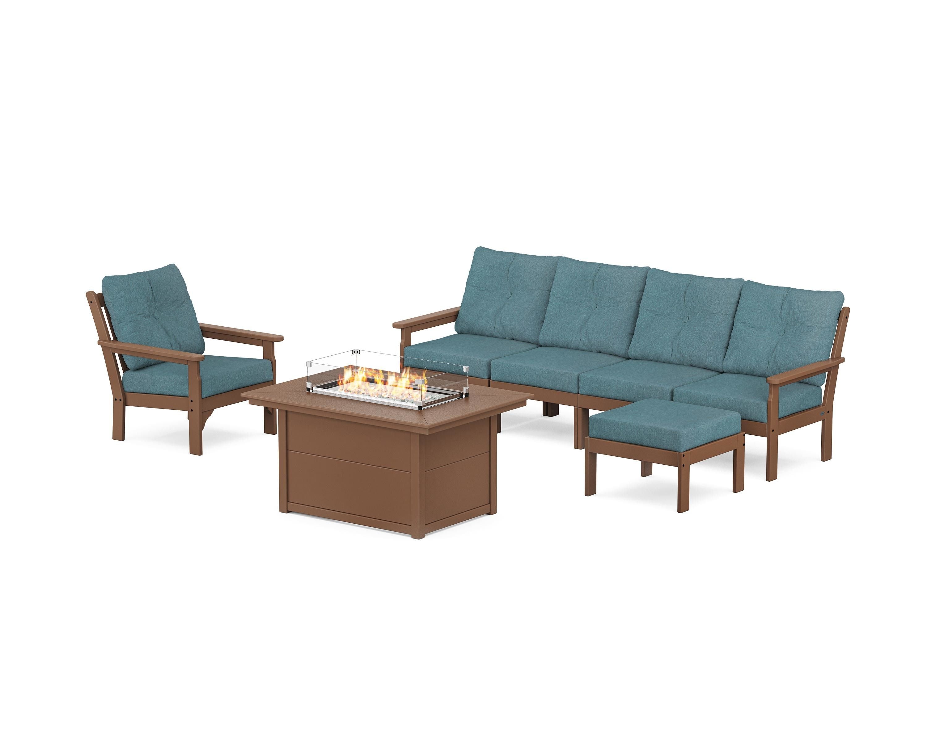POLYWOOD® Vineyard Sectional Lounge and Fire Pit Set in Teak / Ocean Teal