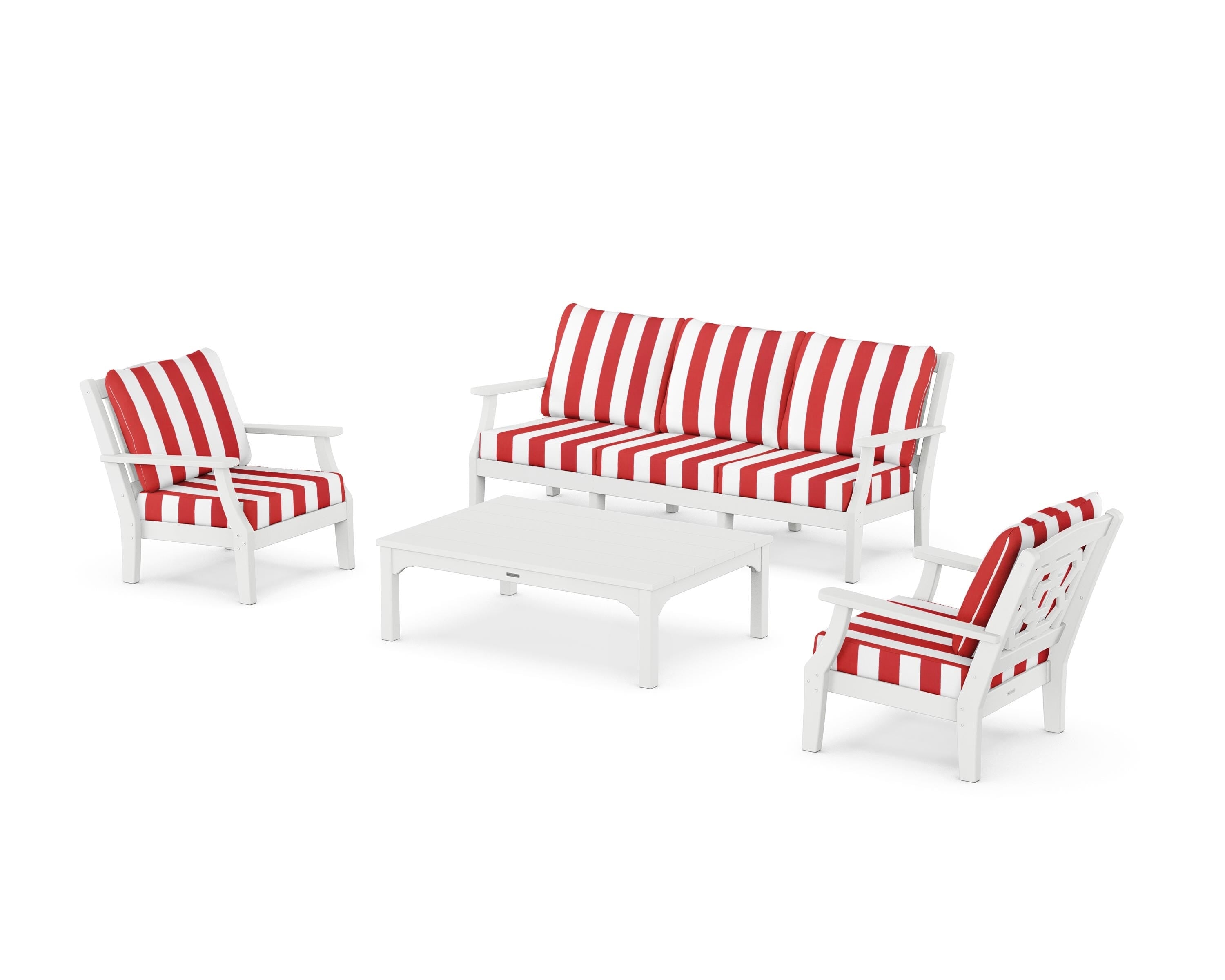Martha Stewart by POLYWOOD® Chinoiserie 4-Piece Deep Seating Set with Sofa in White / Cabana Stripe Crimson