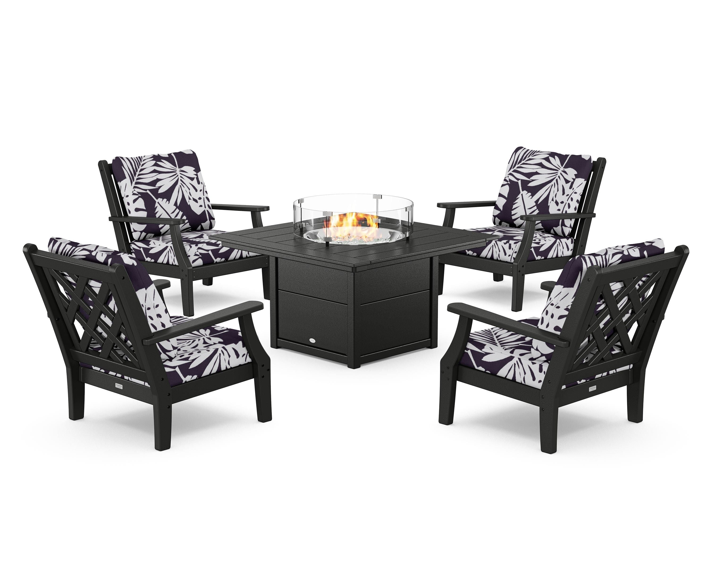 Country Living Wovendale 5-Piece Deep Seating Set with Fire Pit Table in Black / Leaf Navy