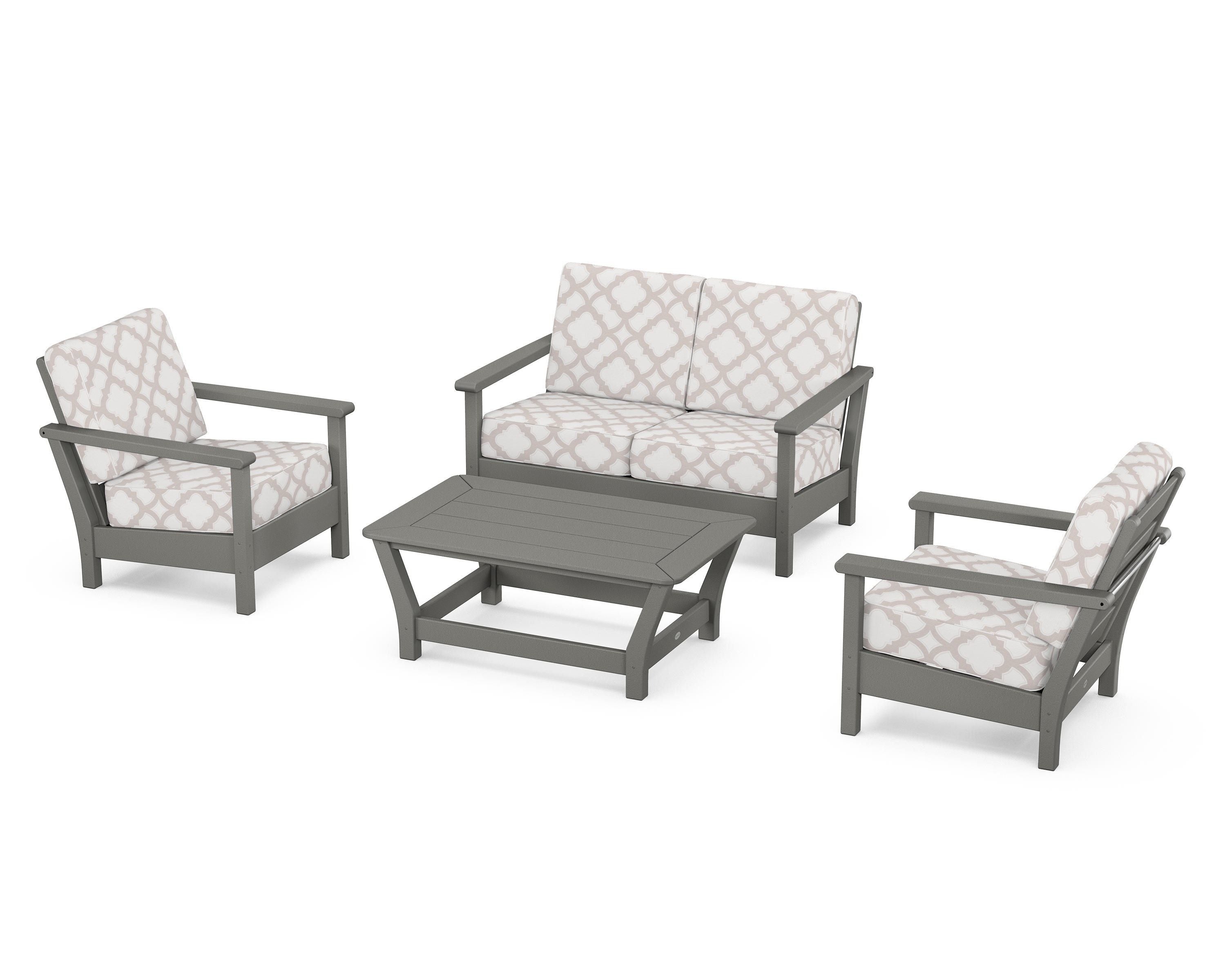 POLYWOOD® Harbour 4-Piece Deep Seating Set in Slate Grey / Trellis Dune Burlap