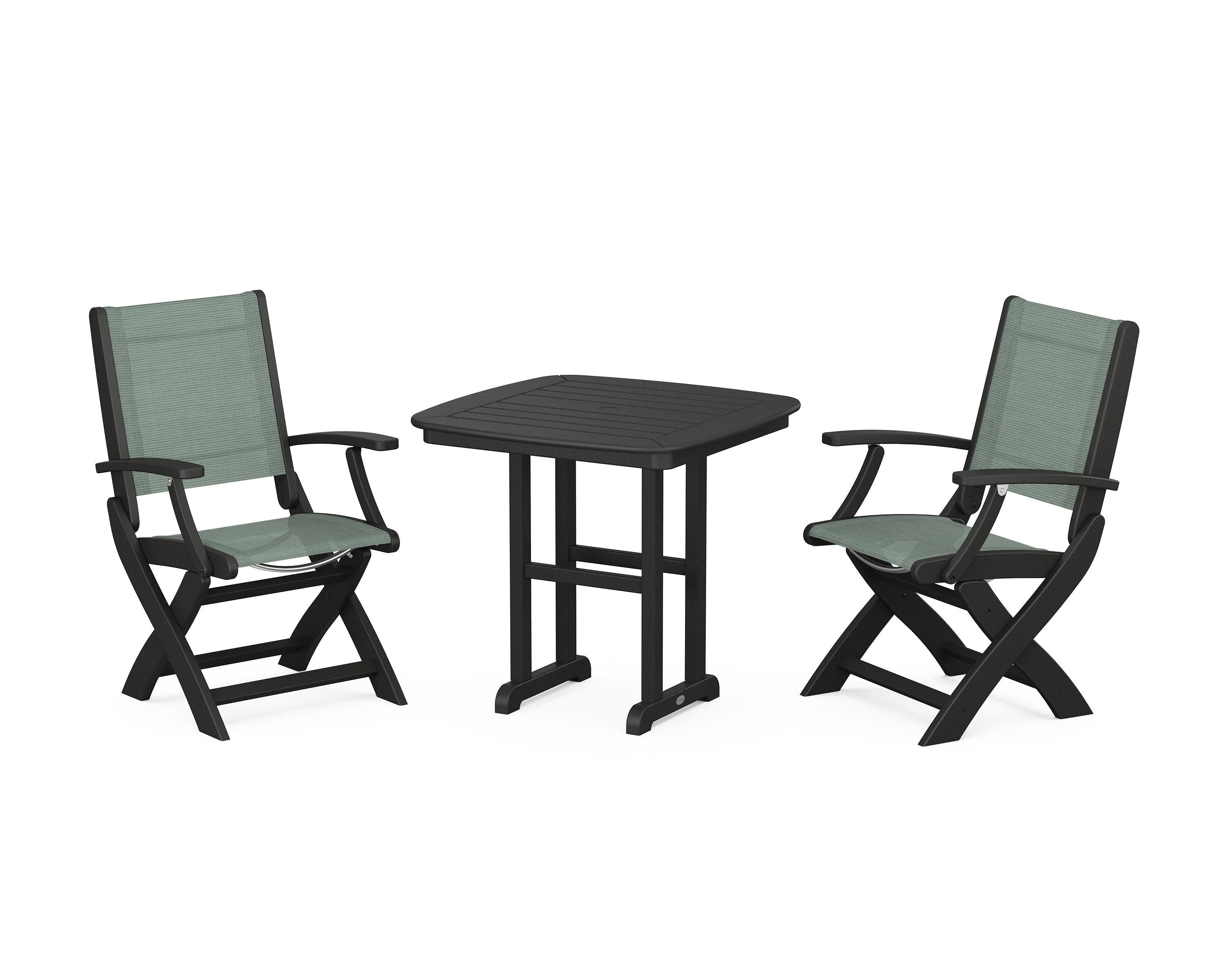 POLYWOOD® Coastal Folding Chair 3-Piece Dining Set in Black / Dupioni Sea Mist Sling