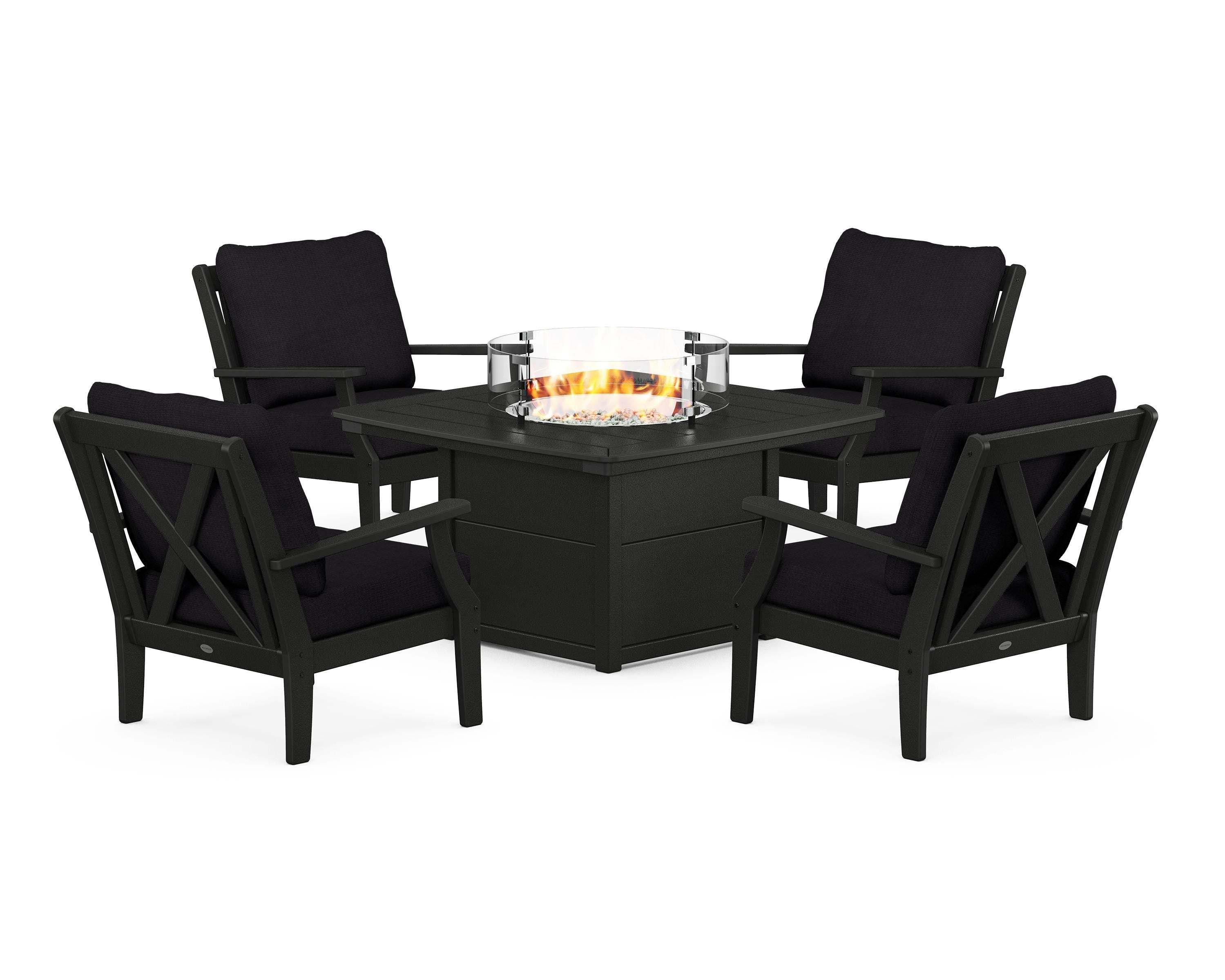 POLYWOOD® Braxton 5-Piece Deep Seating Conversation Set with Fire Pit Table in Black / Midnight Linen