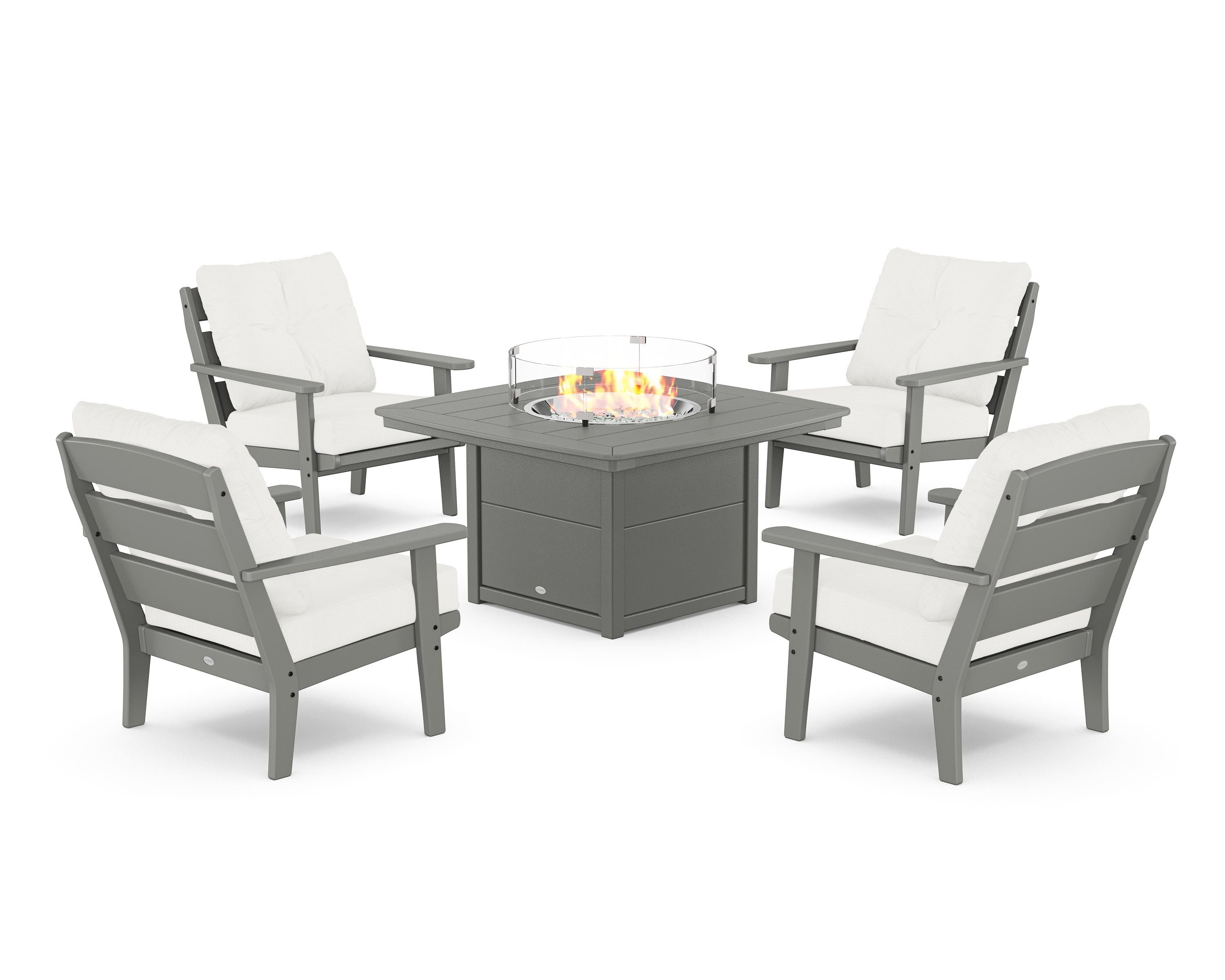POLYWOOD® Lakeside 5-Piece Deep Seating Set with Nautical Fire Pit Table in Slate Grey / Natural Linen