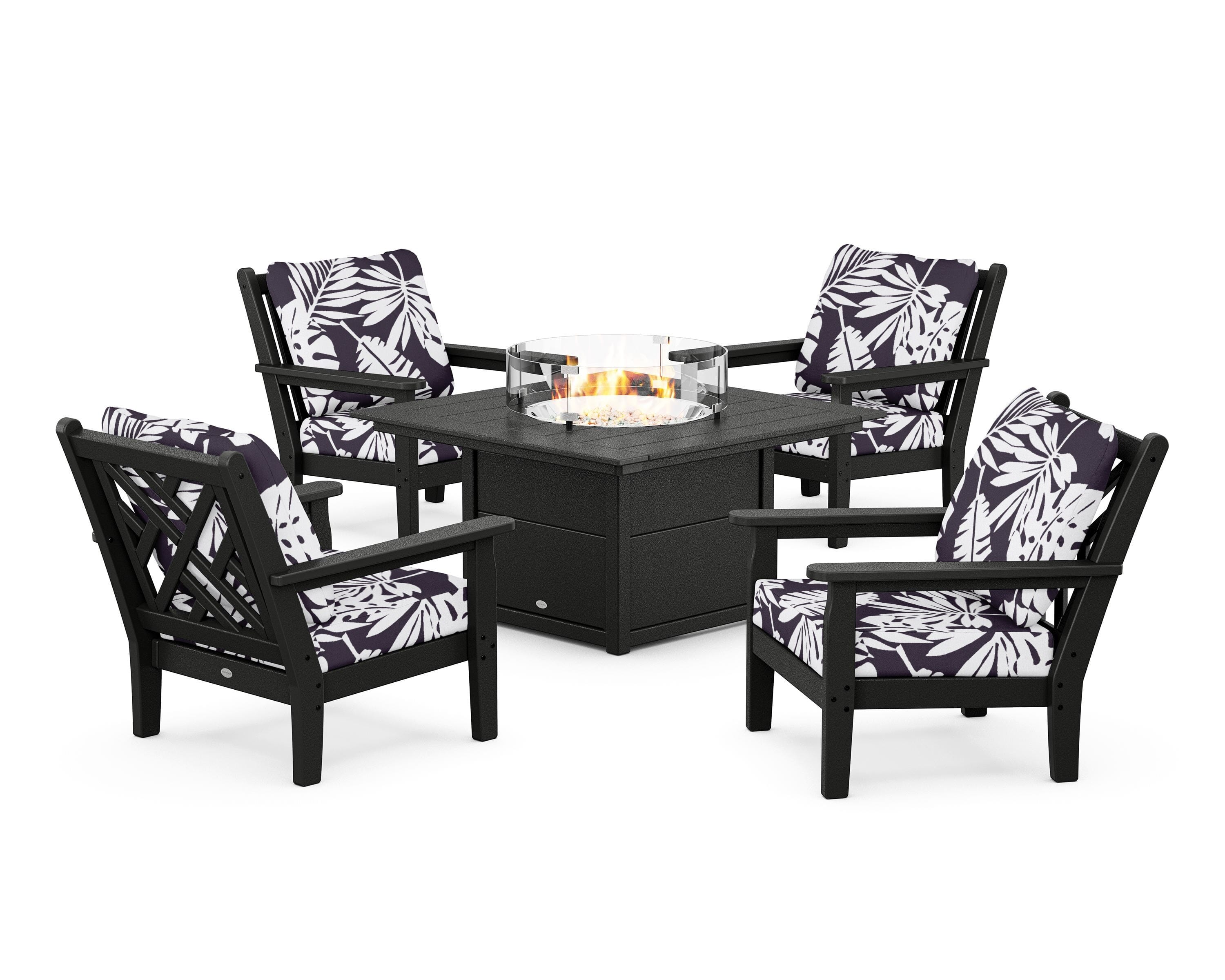 POLYWOOD® Chippendale 5-Piece Deep Seating Set with Fire Pit Table in Black / Leaf Navy
