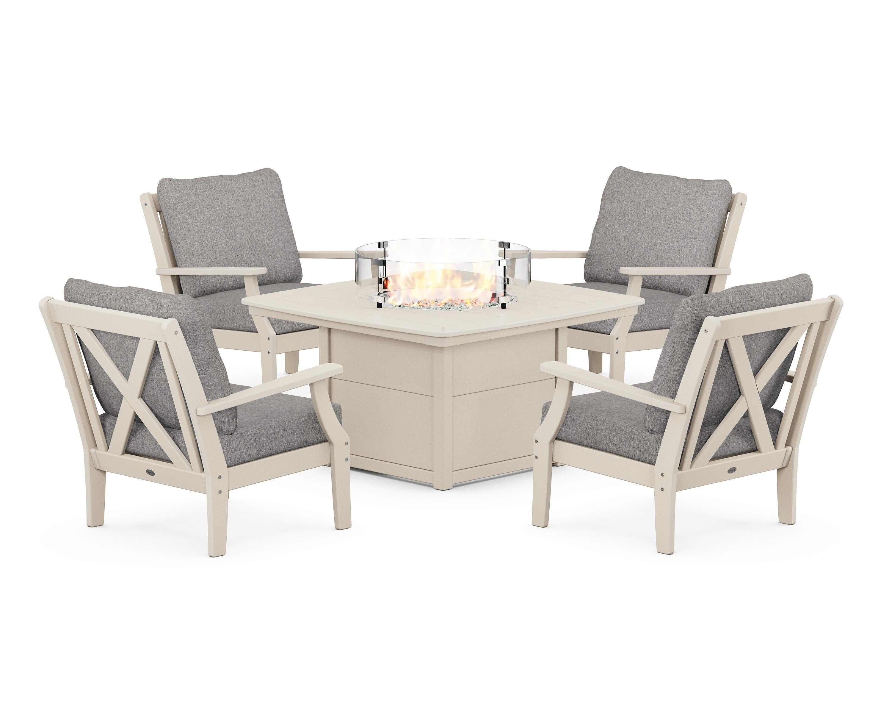 POLYWOOD® Braxton 5-Piece Deep Seating Conversation Set with Fire Pit Table in Sand / Grey Mist