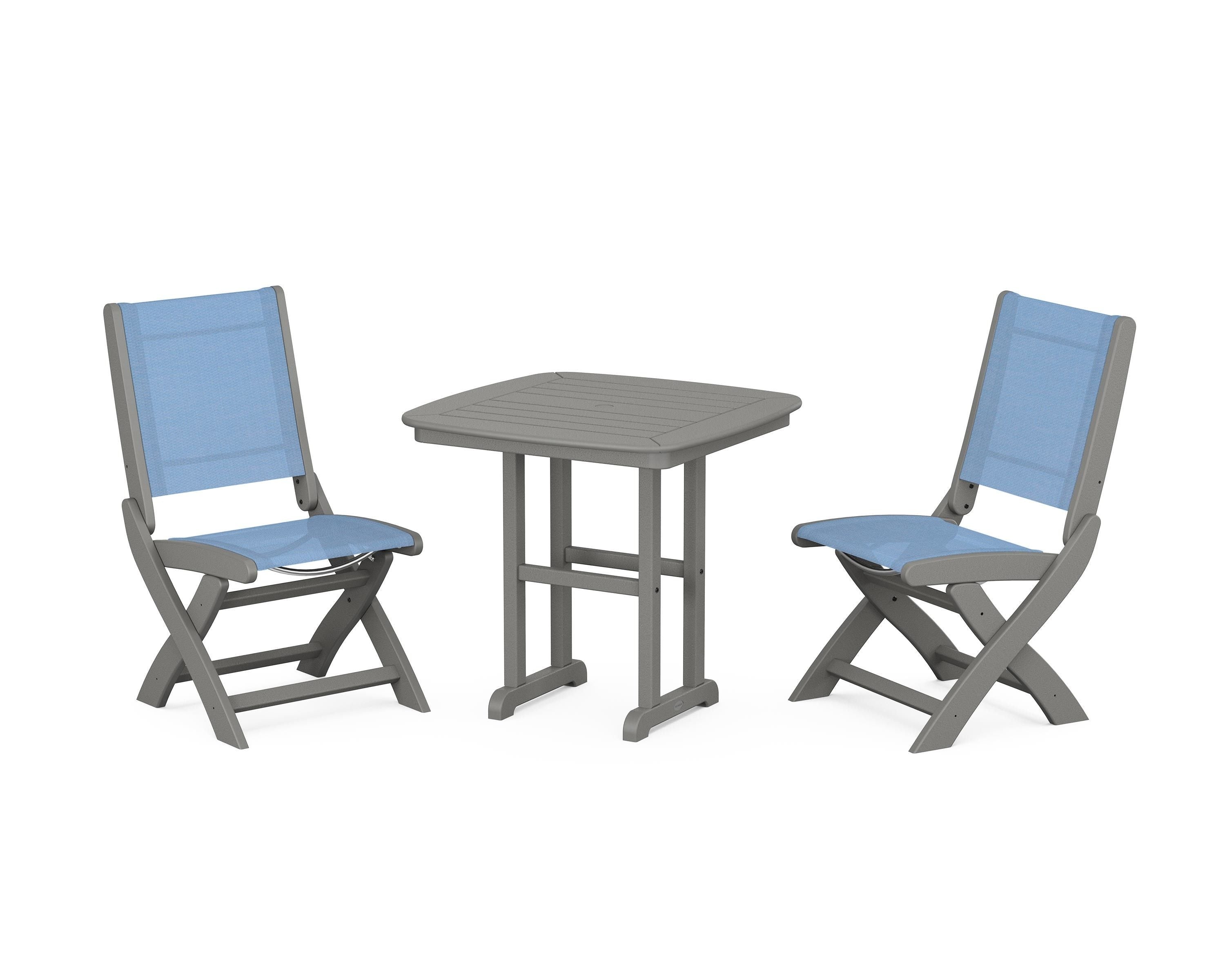 POLYWOOD® Coastal Folding Side Chair 3-Piece Dining Set in Slate Grey / Poolside Sling
