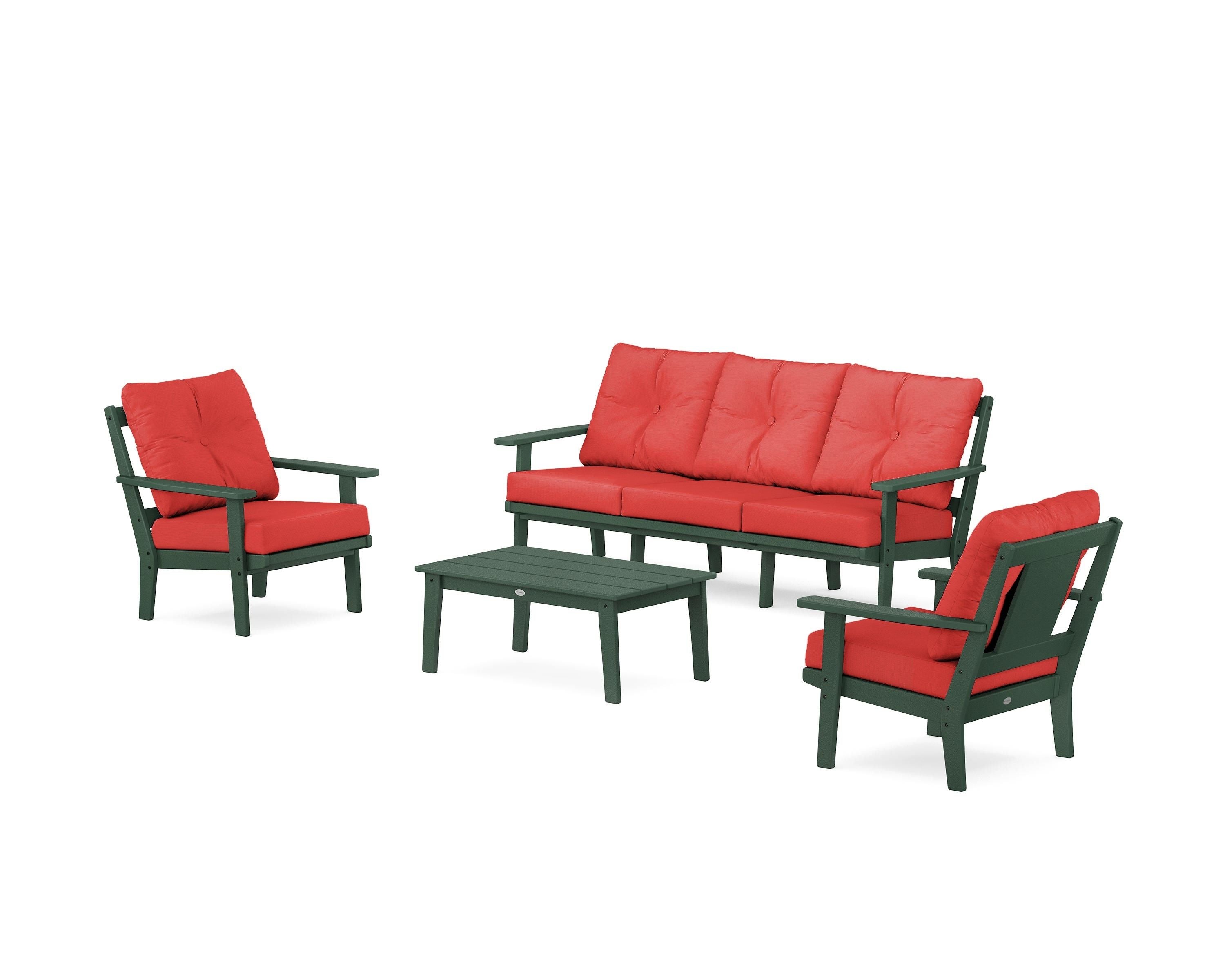 POLYWOOD® Prairie 4-Piece Deep Seating Set with Sofa in Green / Crimson Linen