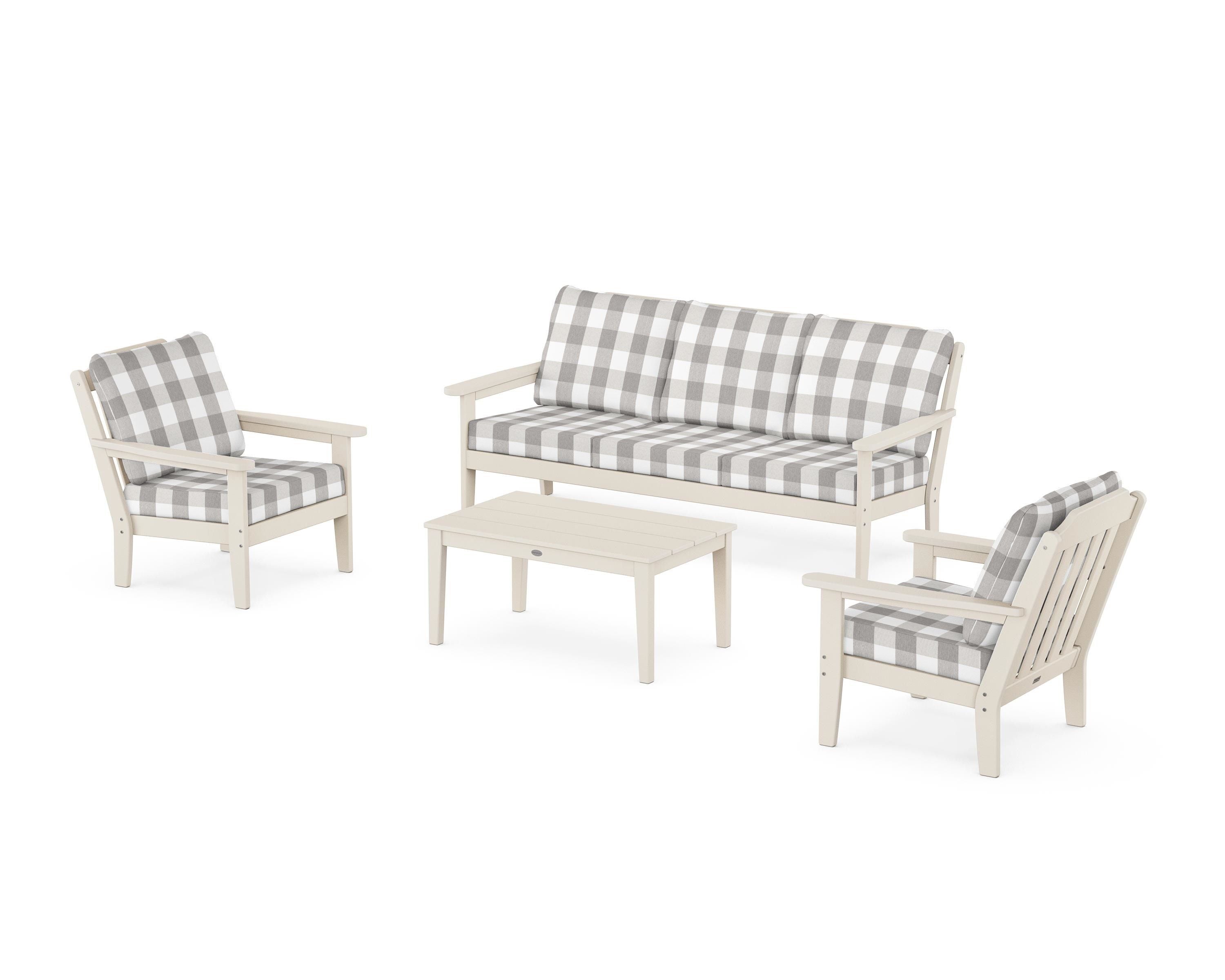 Country Living Cottage 4-Piece Deep Seating Set with Sofa in Sand / Buffalo Plaid Grey Mist