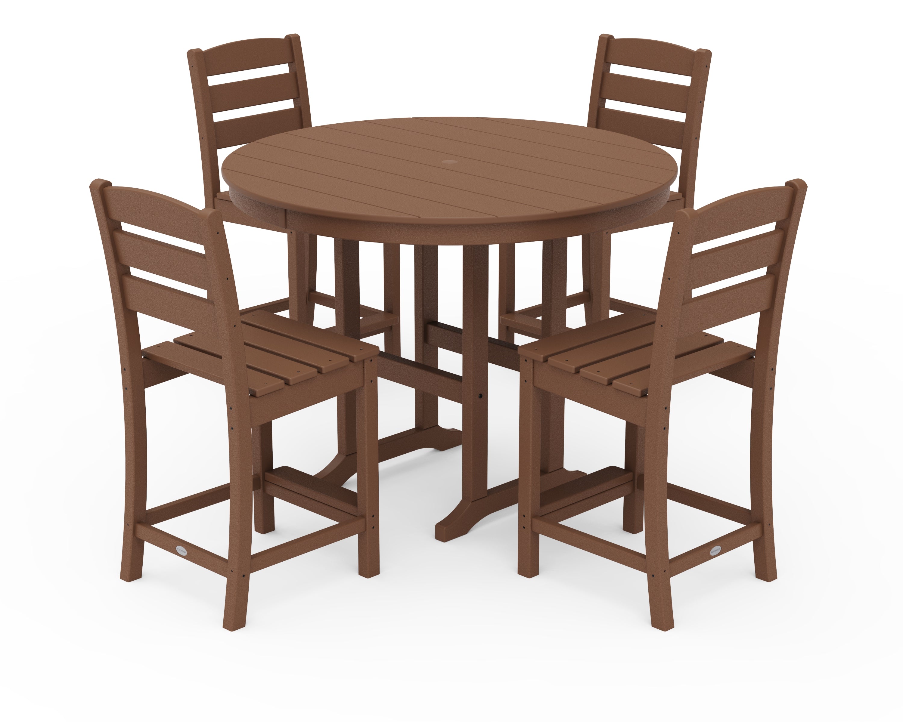 POLYWOOD® Lakeside 5-Piece Farmhouse Round Side Chair Counter Set in Teak