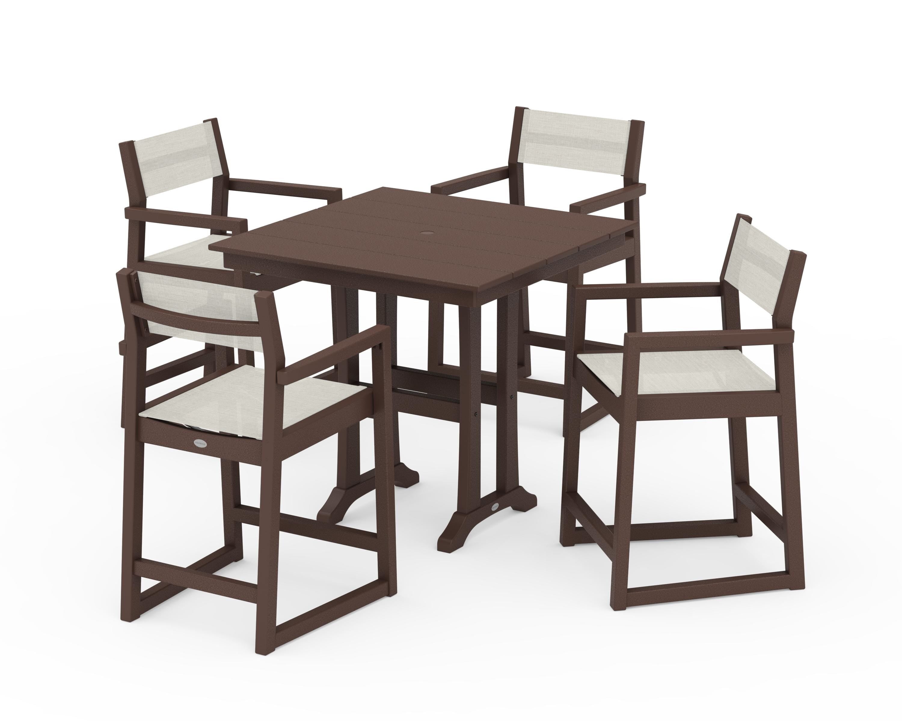 POLYWOOD® EDGE Sling Arm Chair 5-Piece Farmhouse Counter Set with Trestle Legs in Mahogany / Parchment Sling