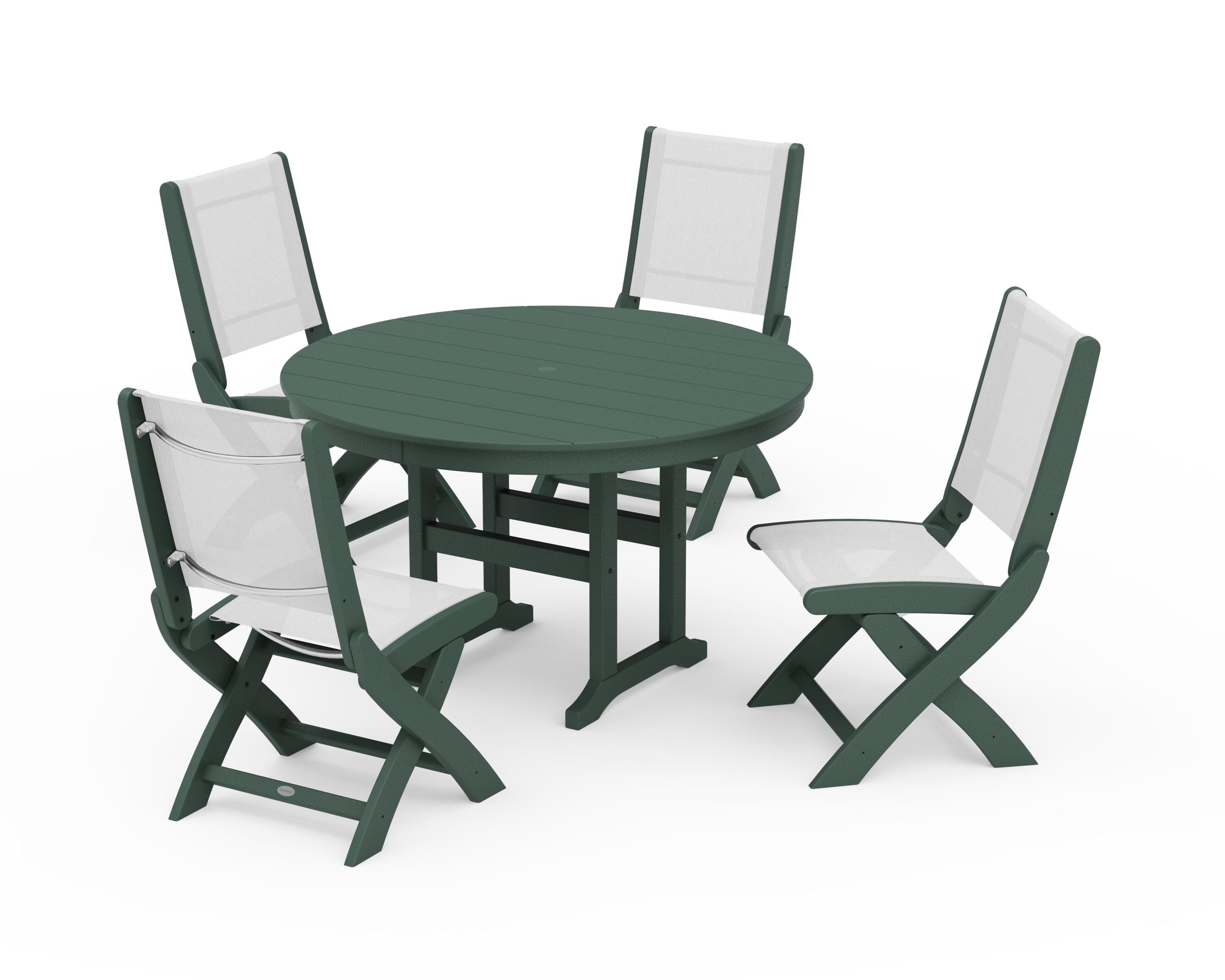 POLYWOOD® Coastal Folding Side Chair 5-Piece Round Dining Set in Green / White Sling
