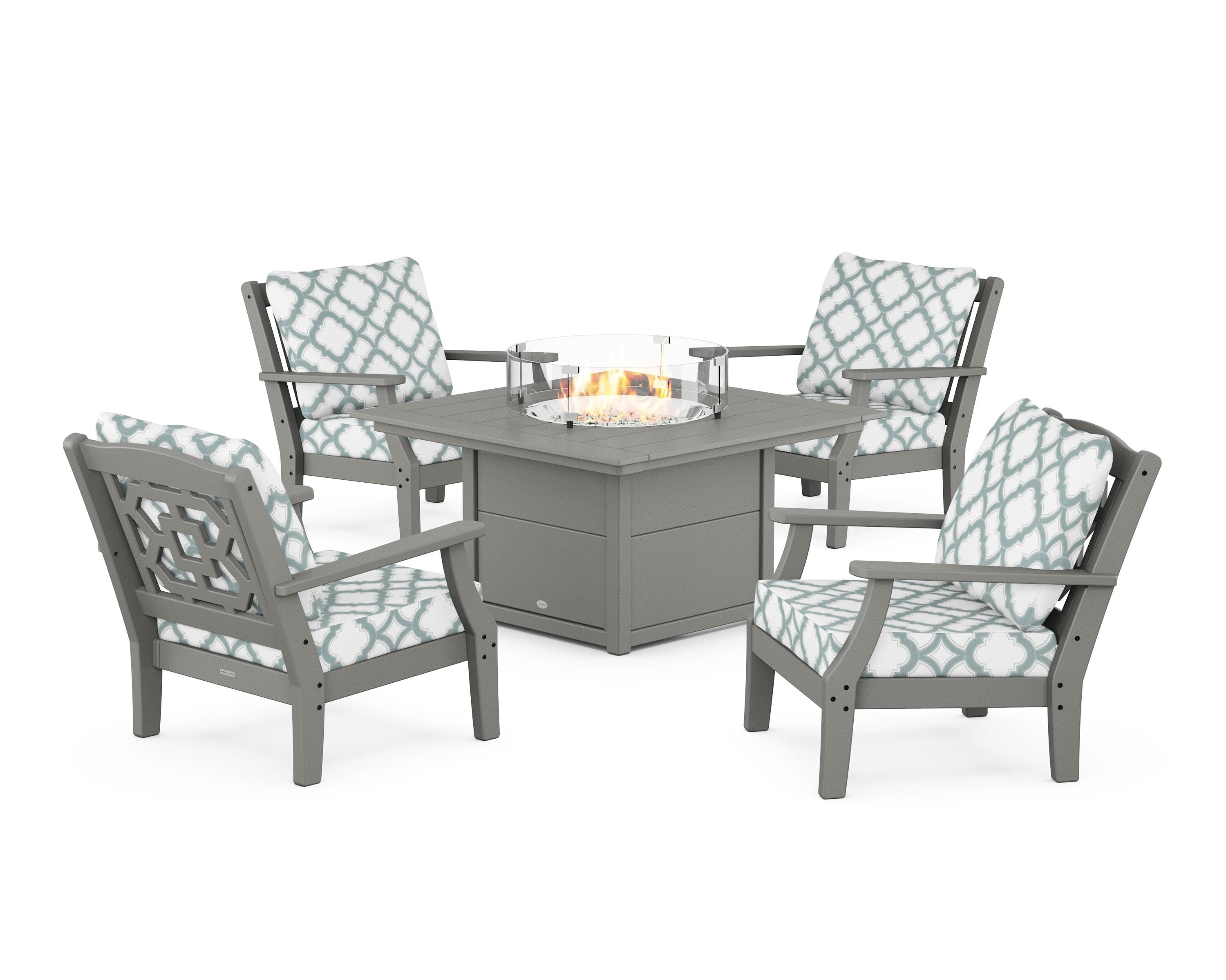 Martha Stewart by POLYWOOD® Chinoiserie 5-Piece Deep Seating Set with Fire Pit Table in Slate Grey / Trellis Glacier Spa
