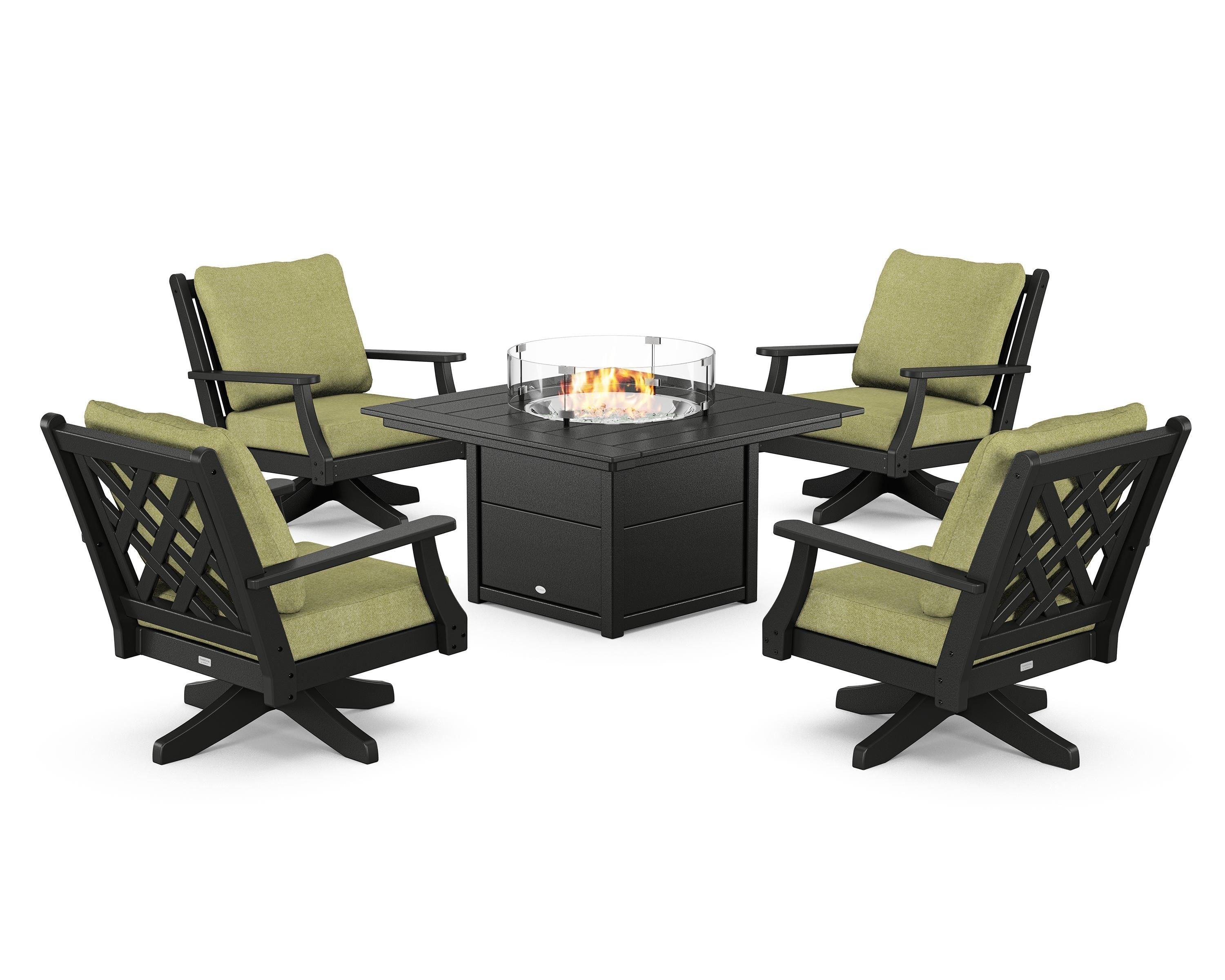 Country Living Wovendale 5-Piece Deep Seating Swivel Conversation Set with Fire Pit Table in Black / Chartreuse Boucle