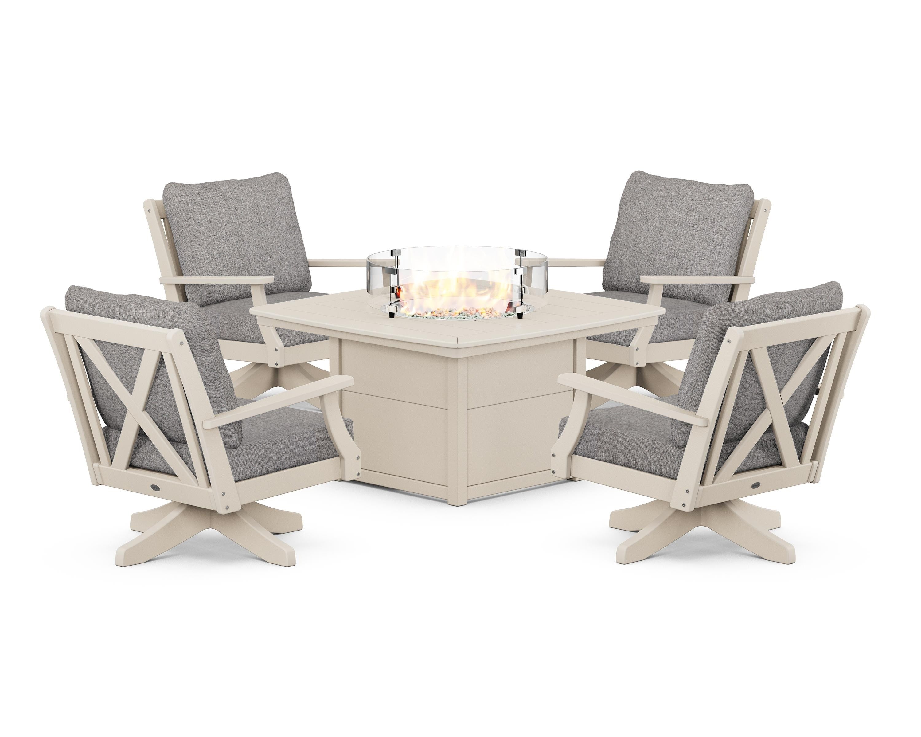 POLYWOOD® Braxton 5-Piece Deep Seating Swivel Conversation Set with Fire Pit Table in Sand / Grey Mist