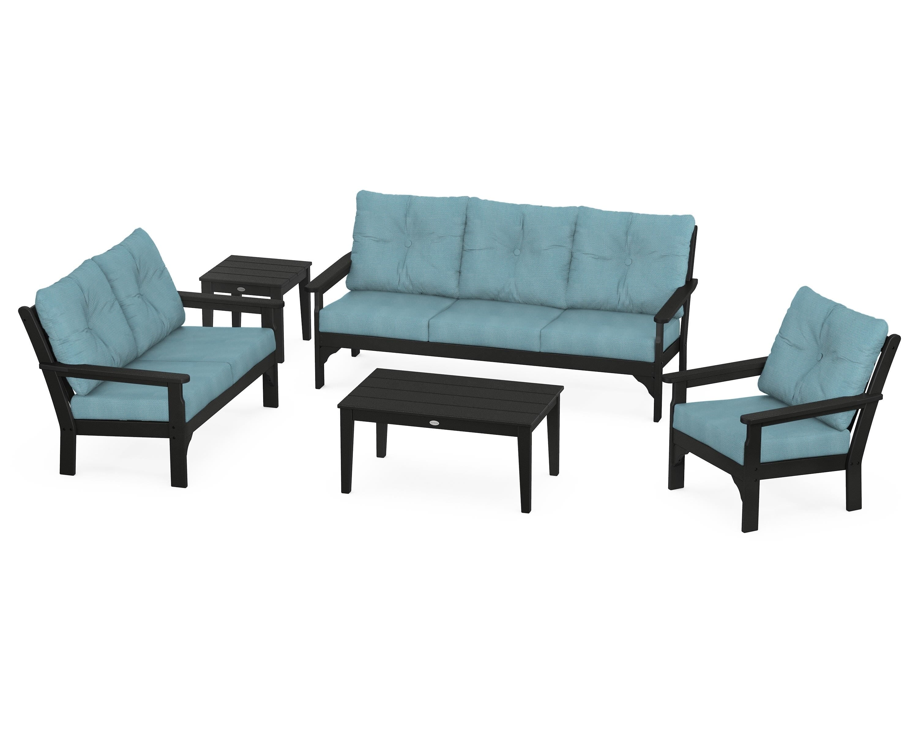 POLYWOOD® Vineyard 5 Piece Deep Seating Set in Black / Lattice Sky Blue