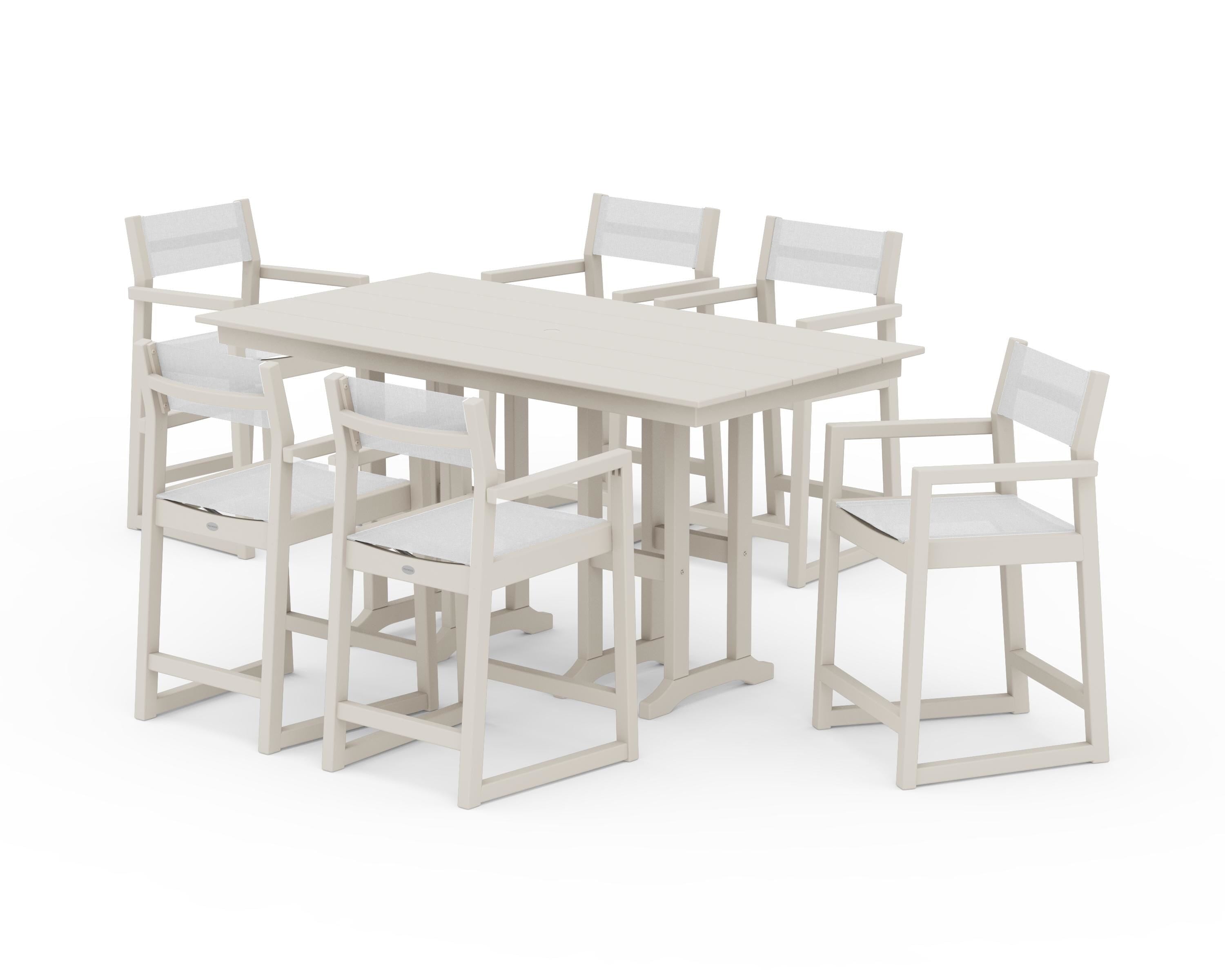 POLYWOOD® EDGE Sling Arm Chair 7-Piece Farmhouse Counter Set in Sand / White Sling