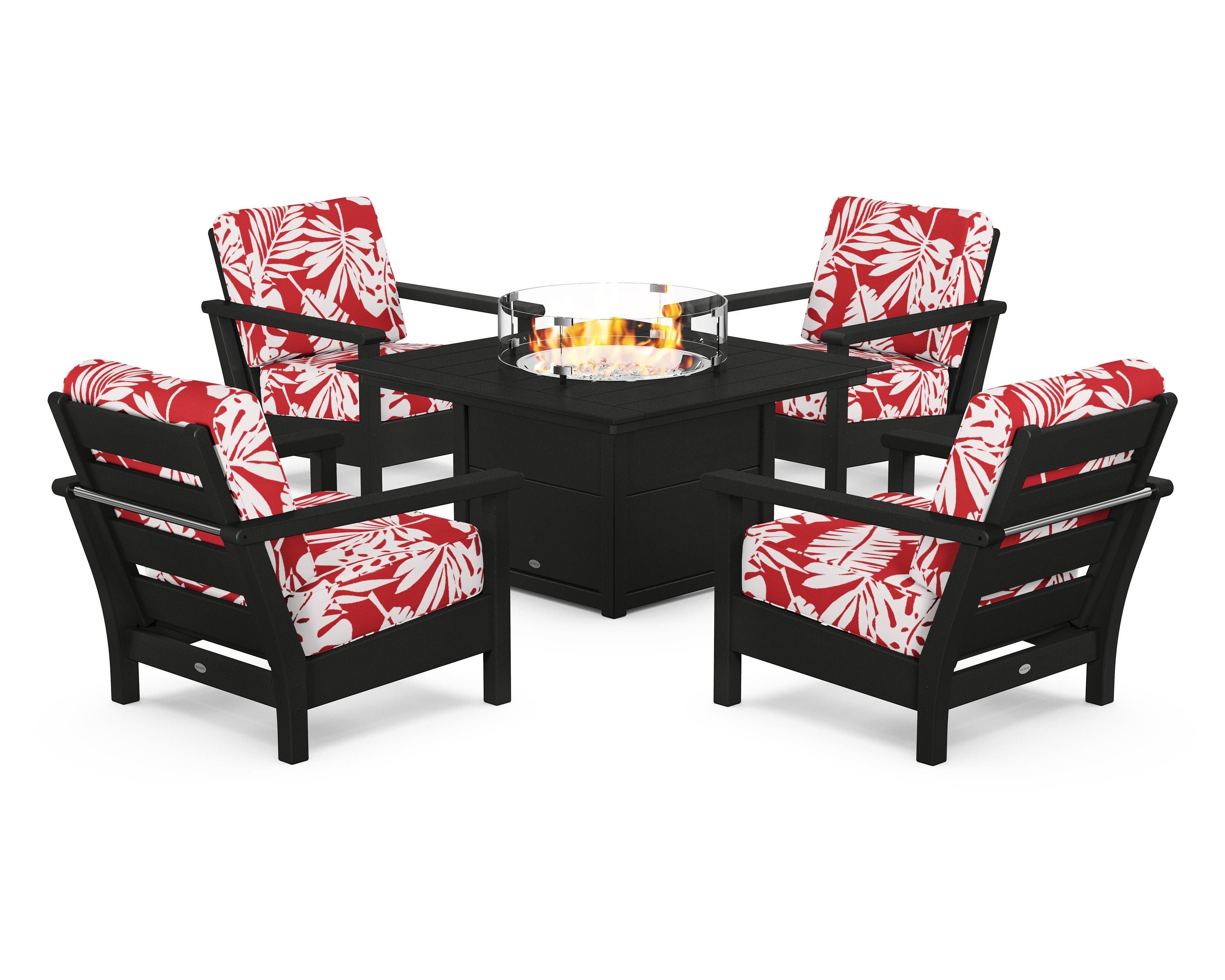POLYWOOD® Harbour 5-Piece Conversation Set with Fire Pit Table in Black / Leaf Crimson