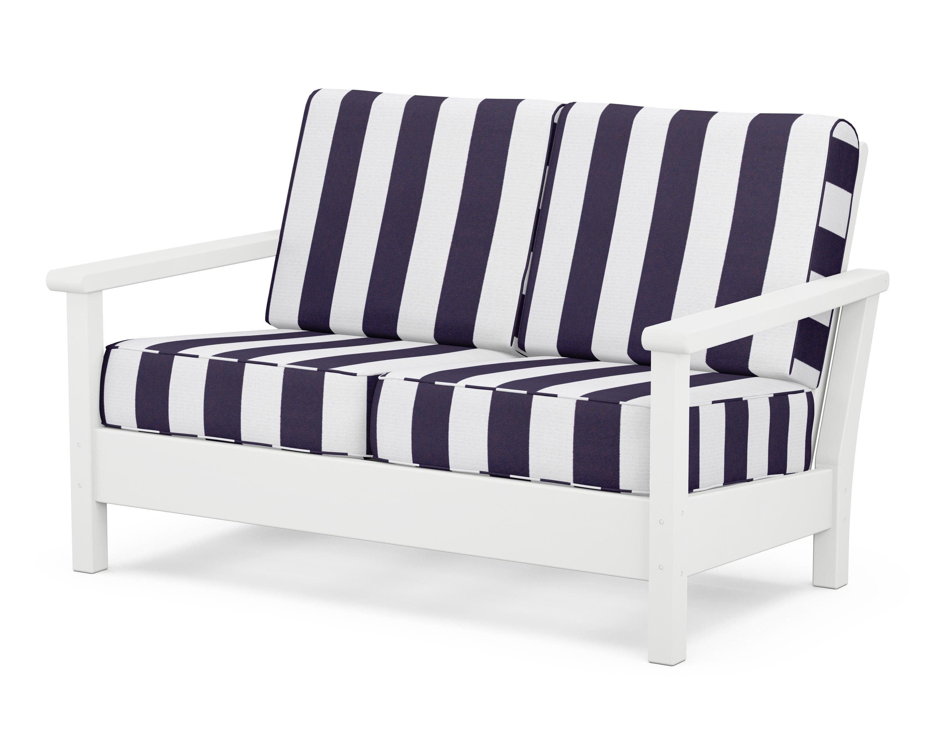 POLYWOOD® Harbour Deep Seating Loveseat in White / Cabana Stripe Navy