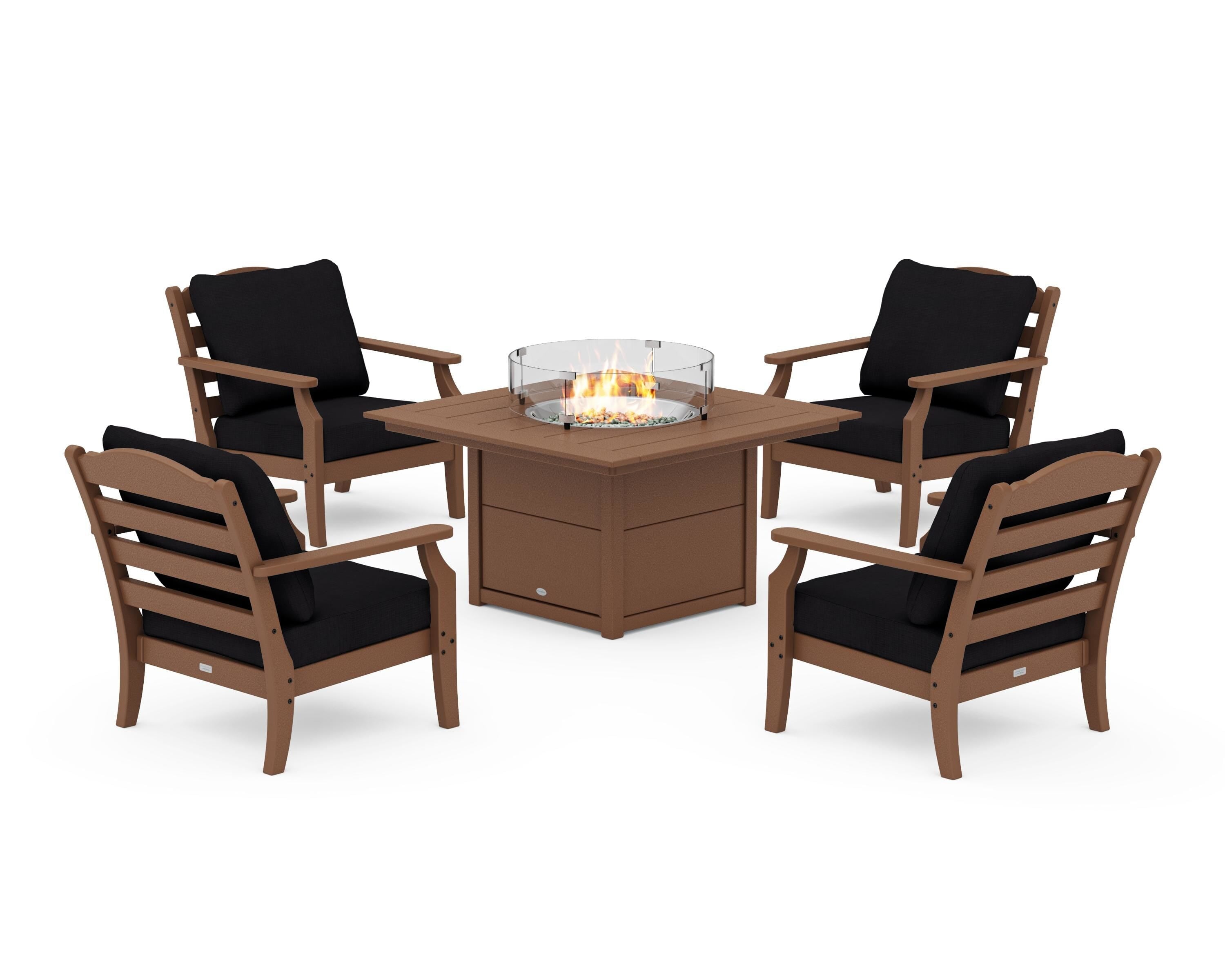 Draper James™ by POLYWOOD® Savannah 5-Piece Deep Seating Set with Fire Pit Table in Teak / Midnight Linen
