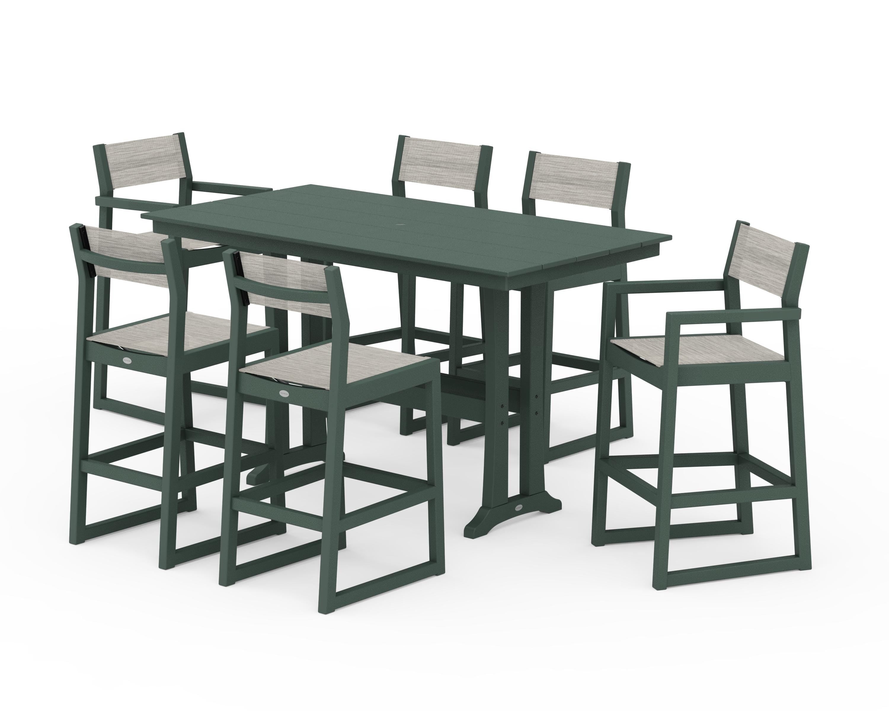 POLYWOOD® EDGE Sling 7-Piece Farmhouse Bar Set with Trestle Legs in Green / Birch Sling
