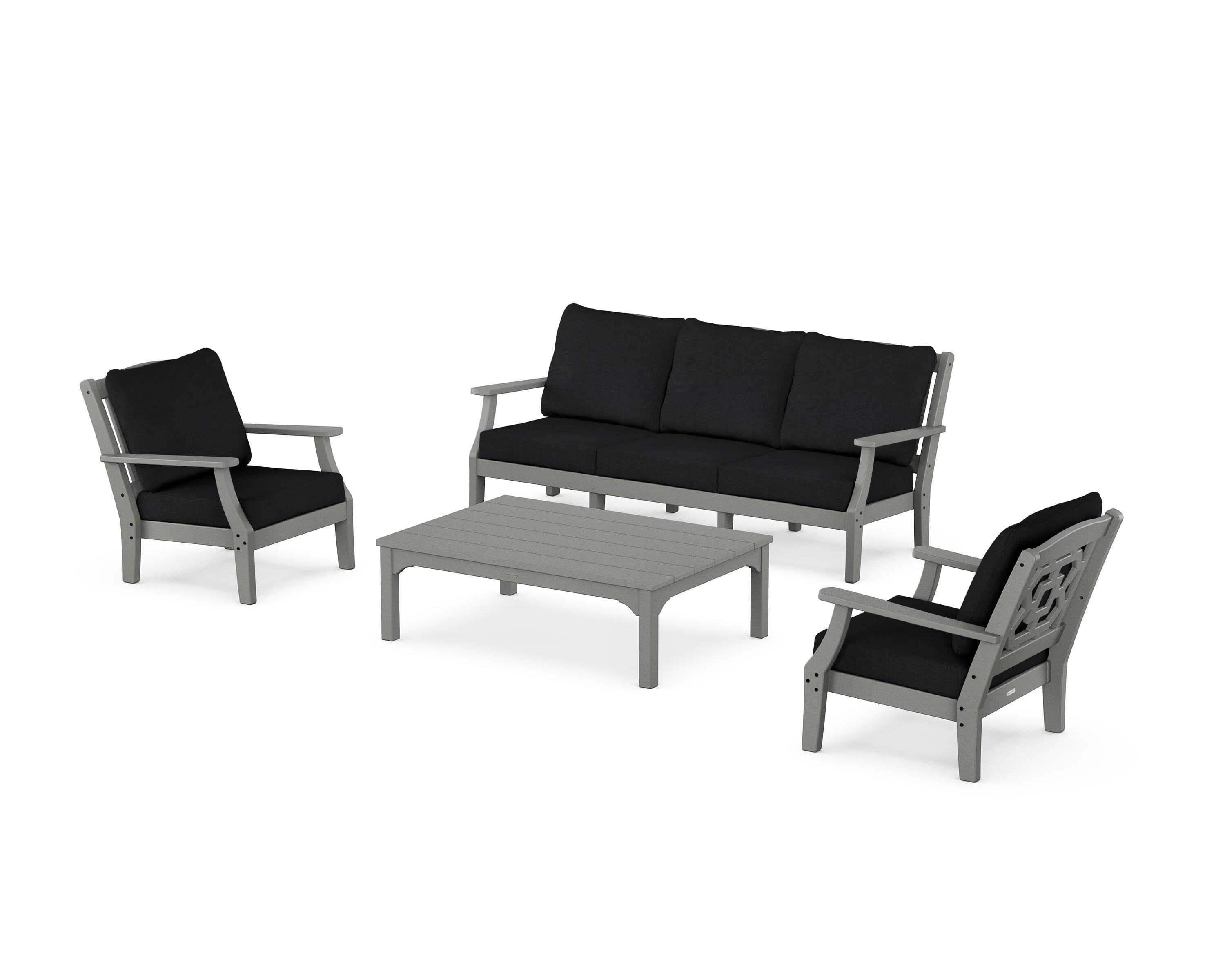 Martha Stewart by POLYWOOD® Chinoiserie 4-Piece Deep Seating Set with Sofa in Slate Grey / Midnight Linen
