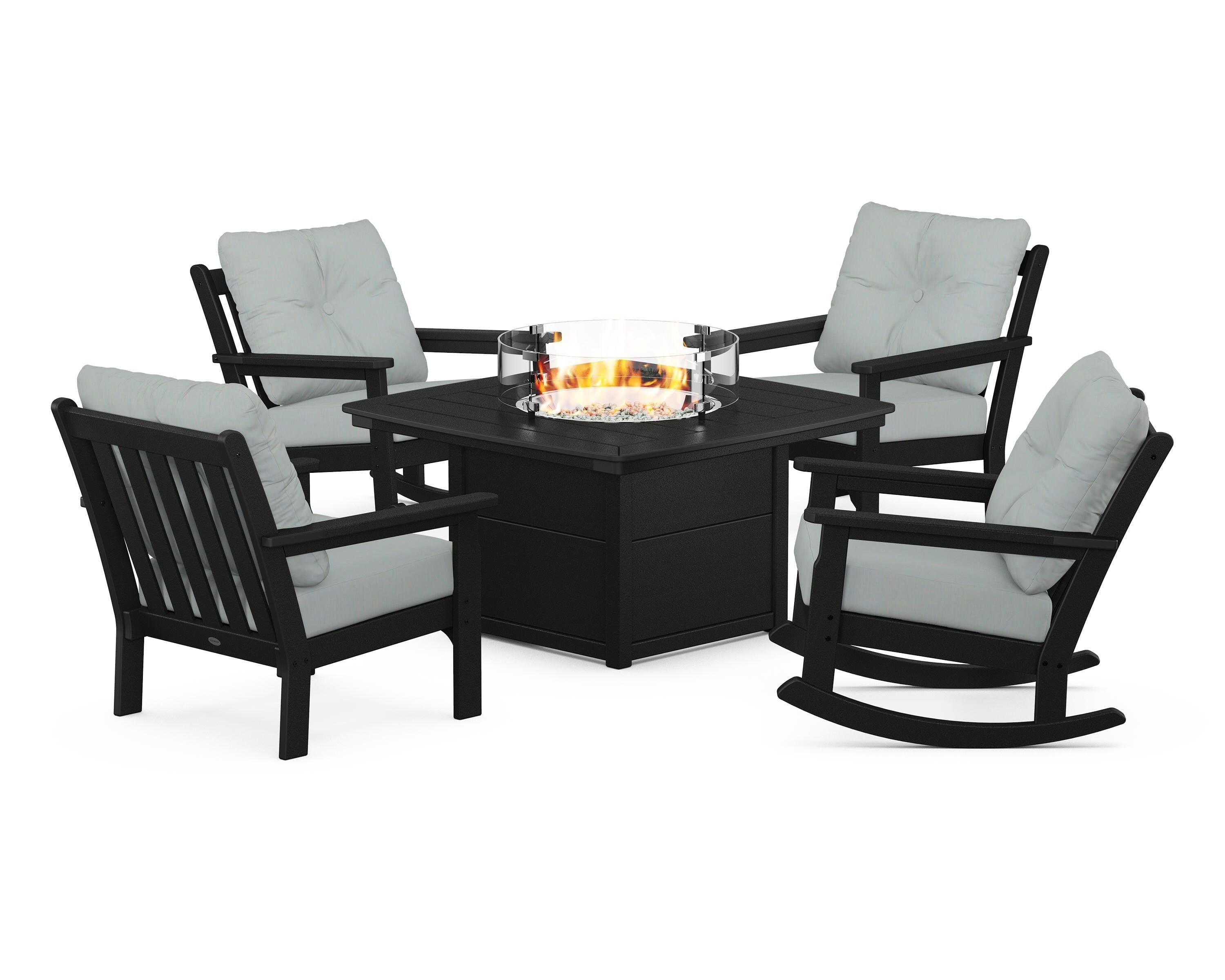 POLYWOOD® Vineyard 5-Piece Deep Seating Rocking Chair Conversation Set with Fire Pit Table in Black / Spa