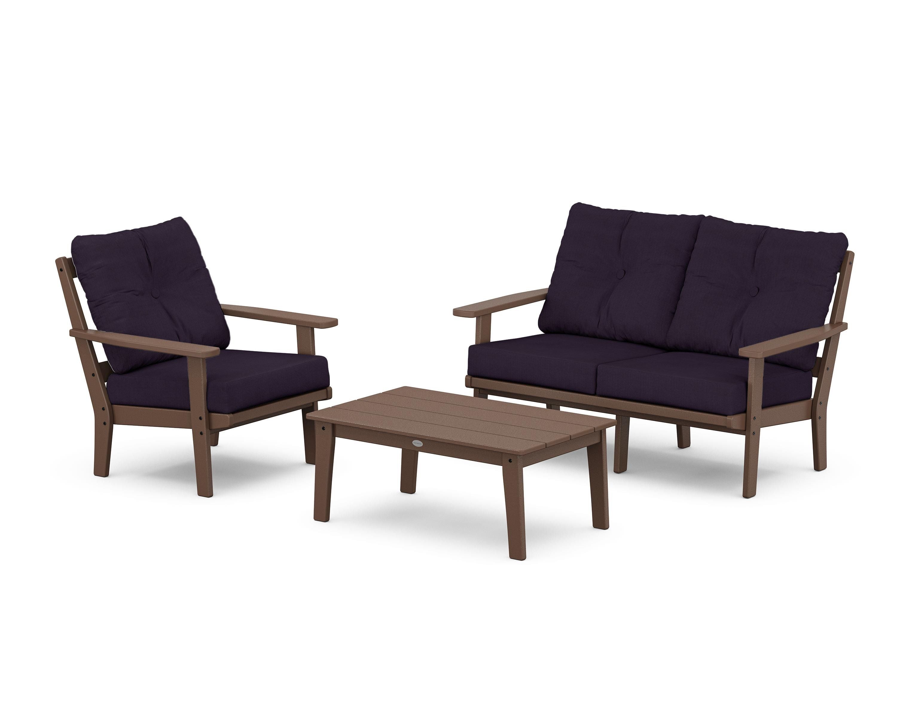 POLYWOOD® Prairie 3-Piece Deep Seating Set with Loveseat in Mahogany / Navy Linen